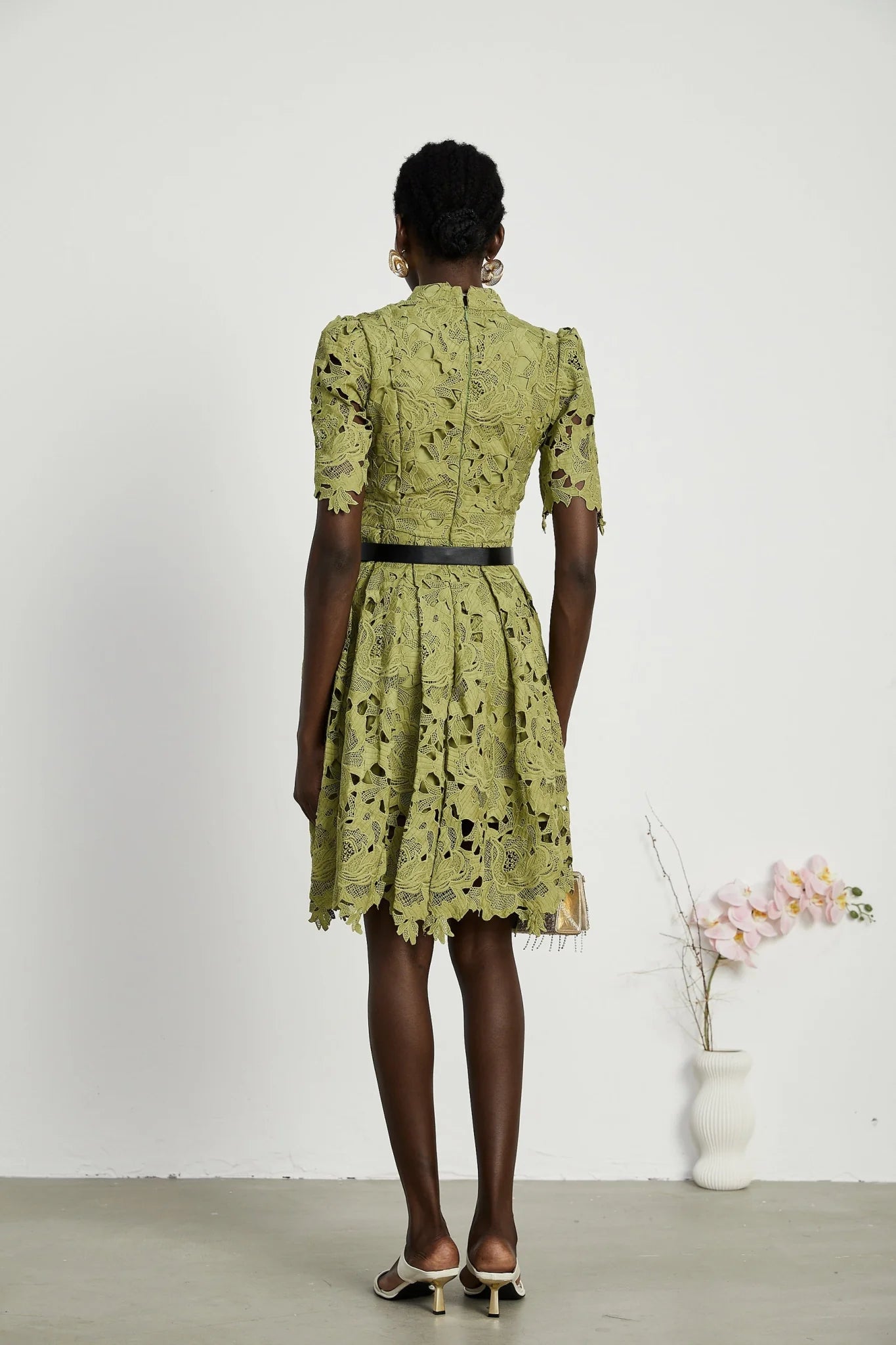 Shayla Mini Dress Green Floral Embroidered Cut Out ALine