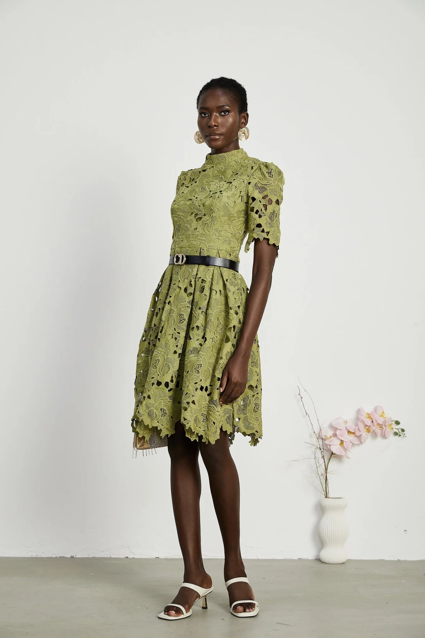 Shayla Mini Dress Green Floral Embroidered Cut Out ALine