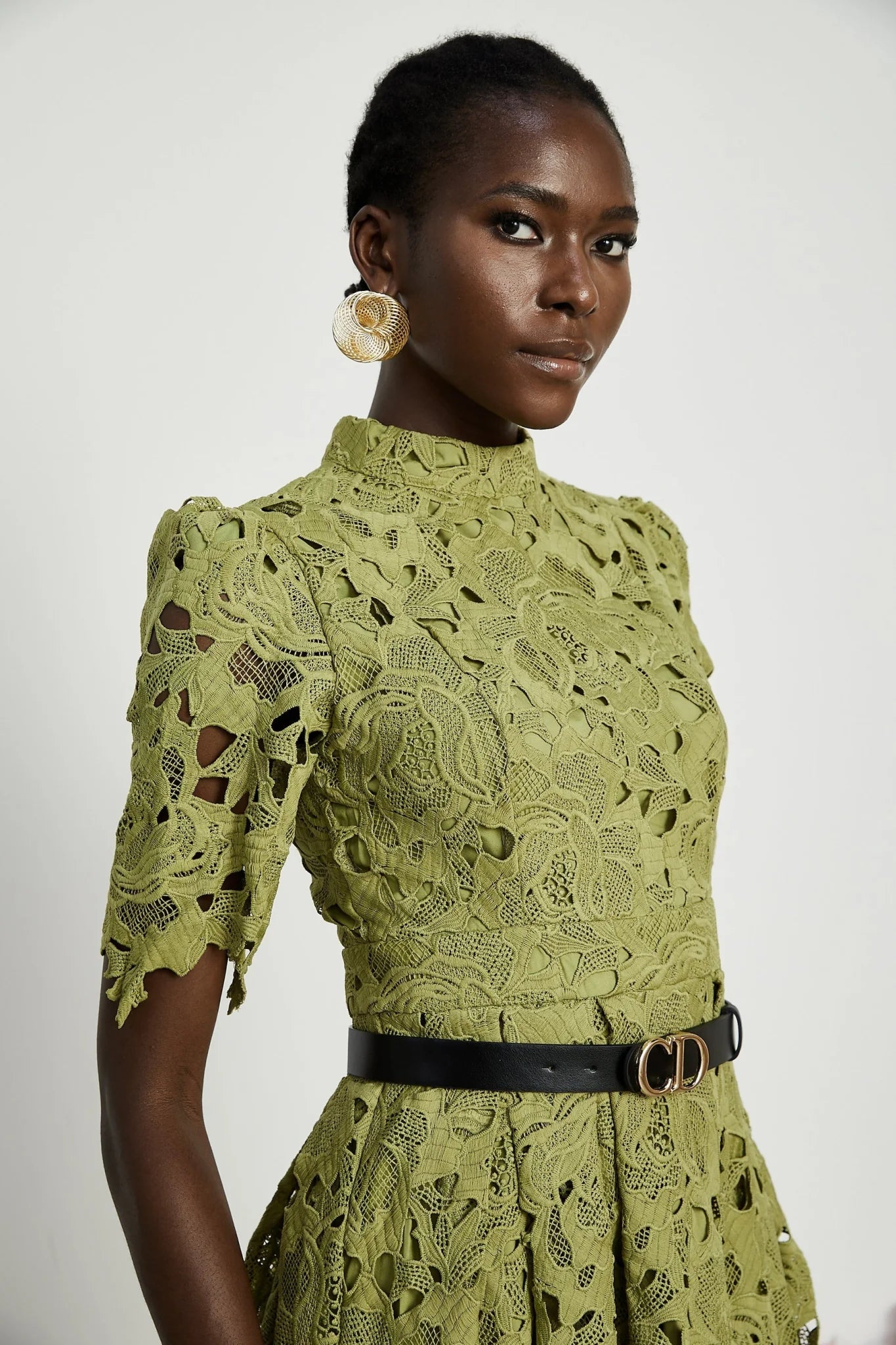 Shayla Mini Dress Green Floral Embroidered Cut Out ALine