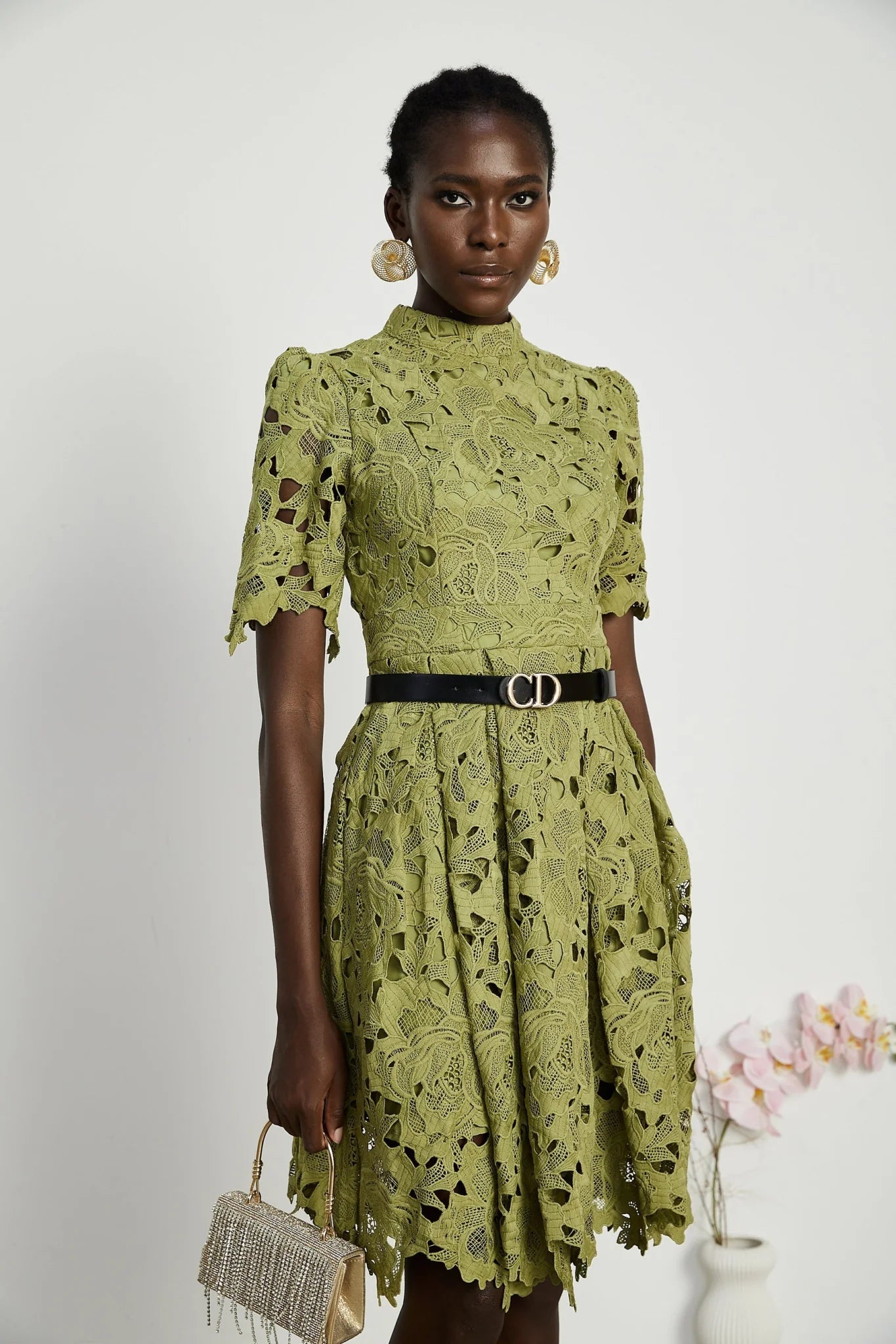 Shayla Mini Dress Green Floral Embroidered Cut Out ALine