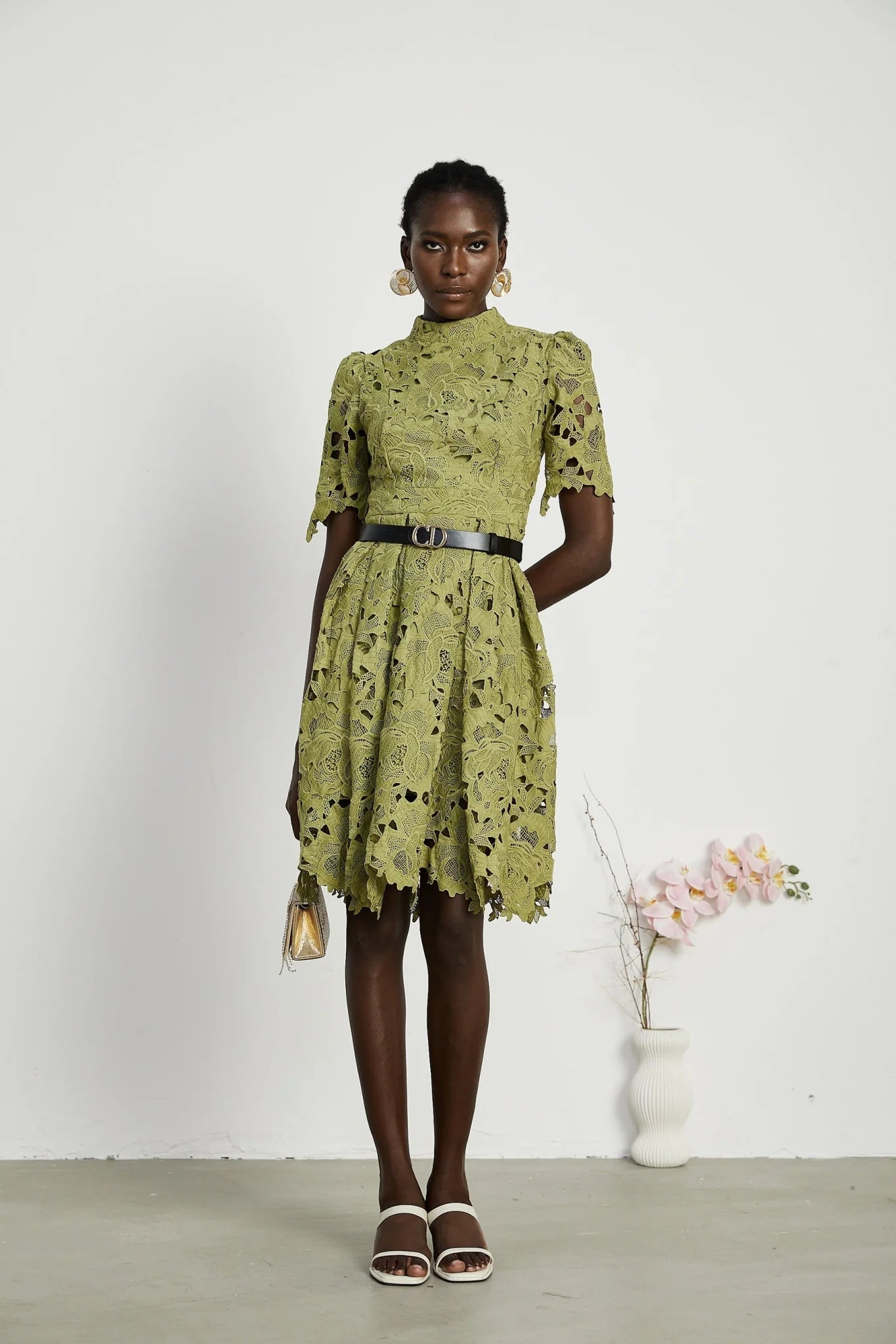 Shayla Mini Dress Green Floral Embroidered Cut Out ALine