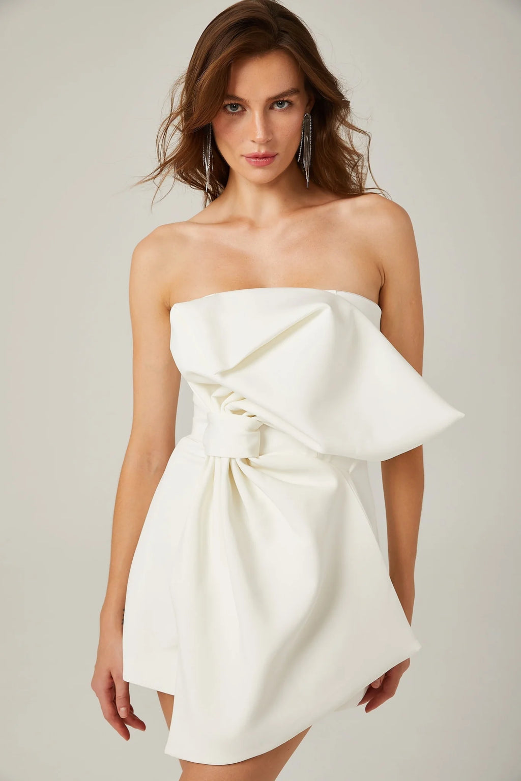 Shayla Mini Dress White Oversize Bow Off Shoulder Design