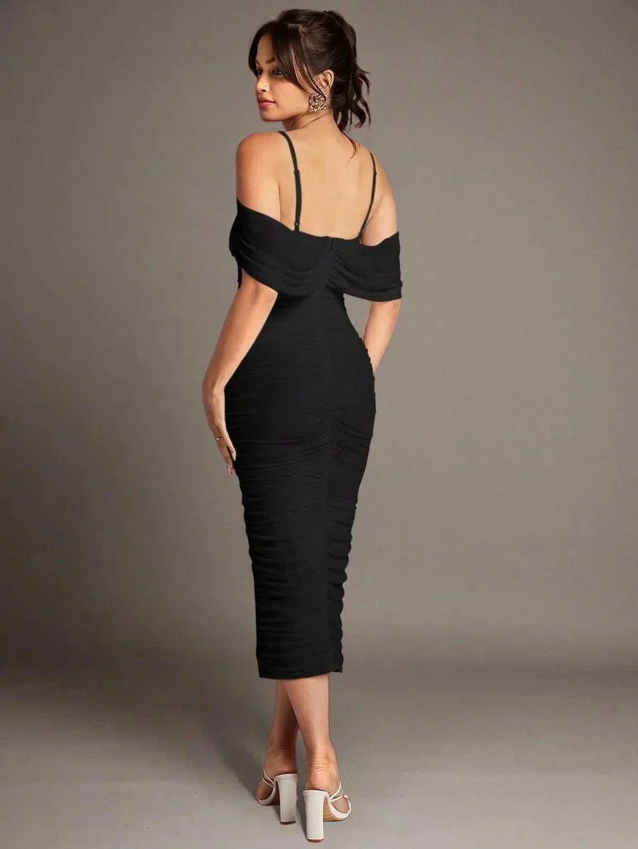 Shiloh Midi Dress - Spaghetti Strap - Cold Shoulder - Bodycon - Elegant - Ruched Split Zipper