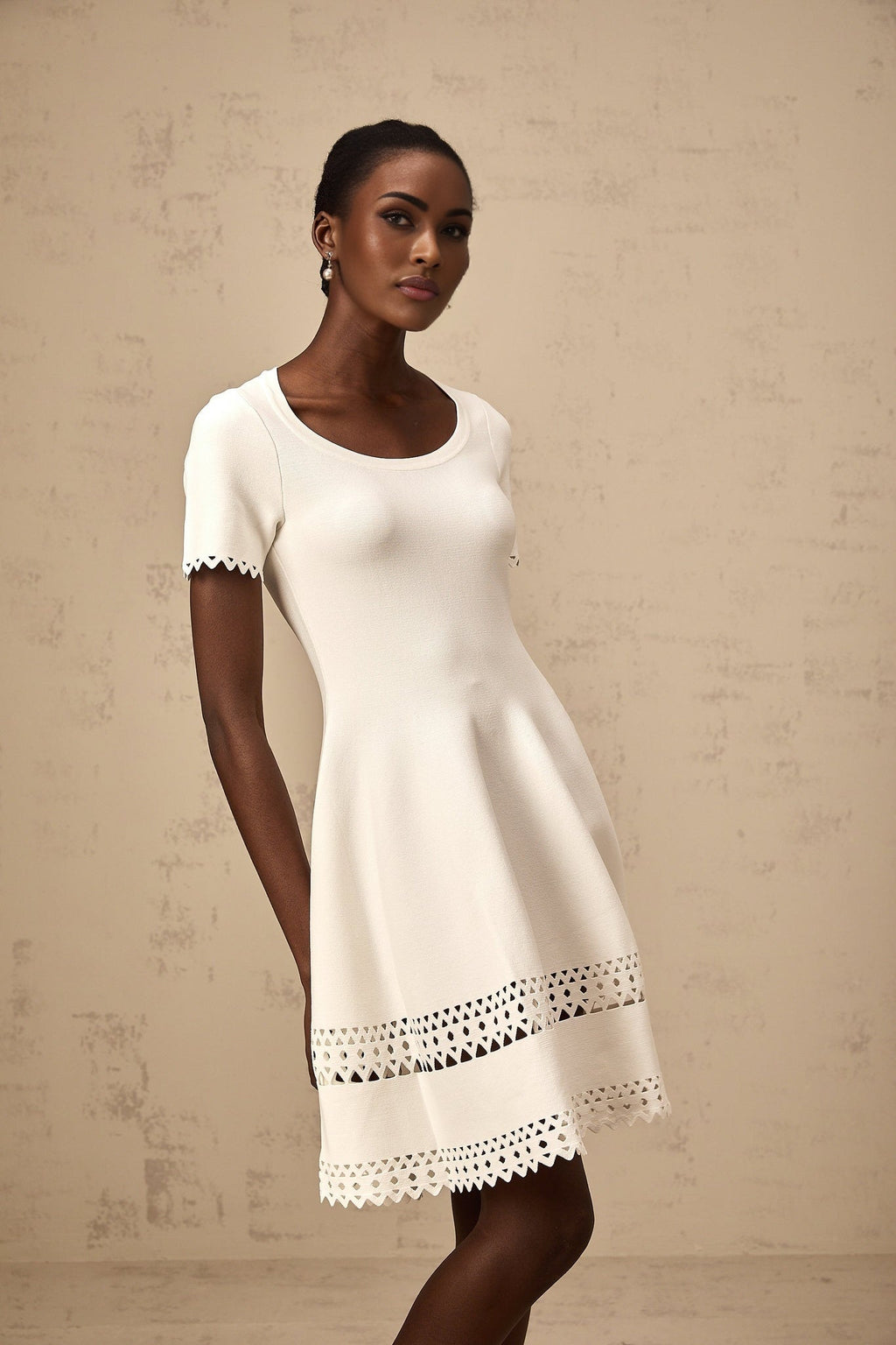 Shiloh Mini Dress White Knit Cut Out Scallop Hem