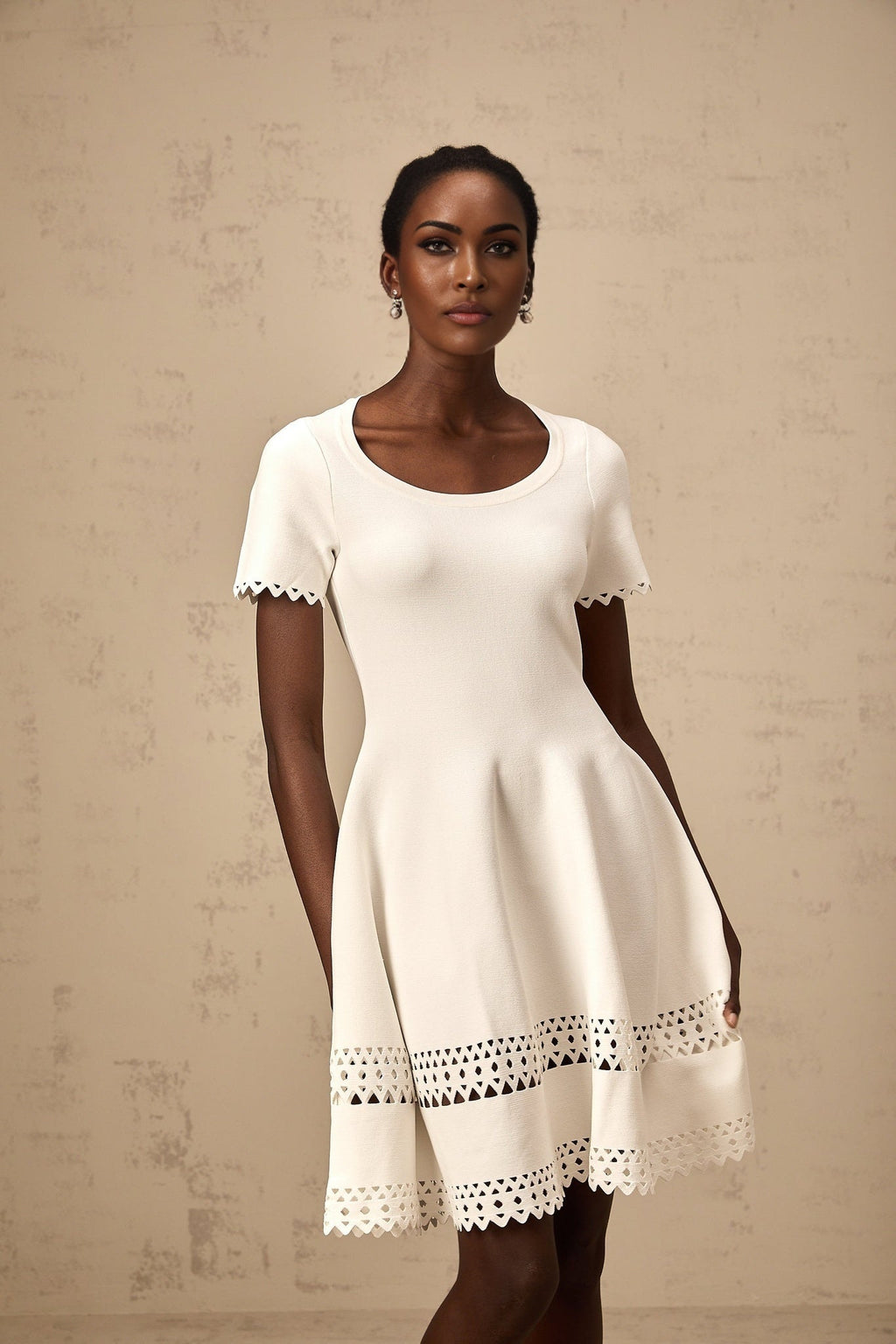 Shiloh Mini Dress White Knit Cut Out Scallop Hem