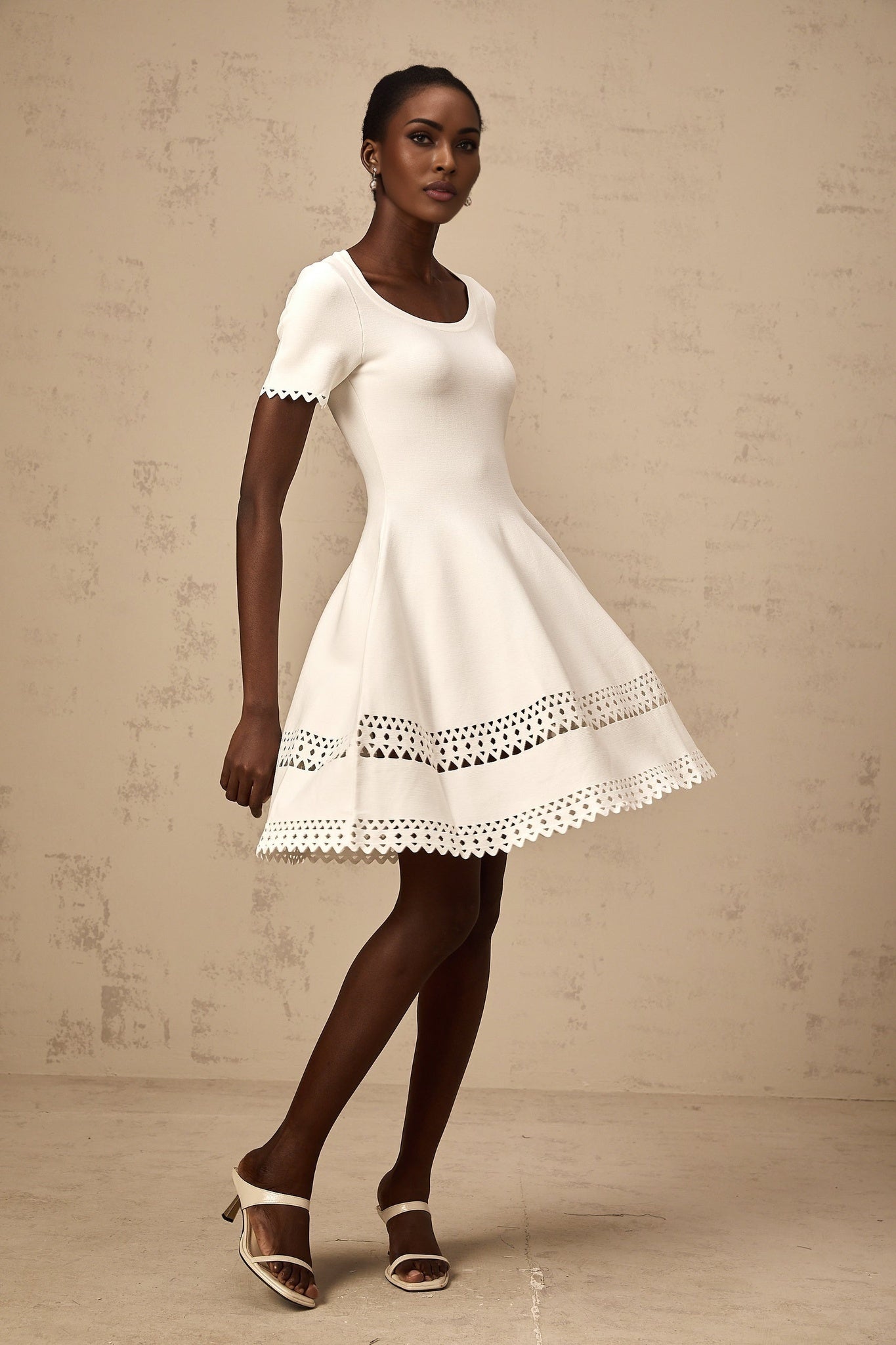 Shiloh Mini Dress White Knit Cut Out Scallop Hem