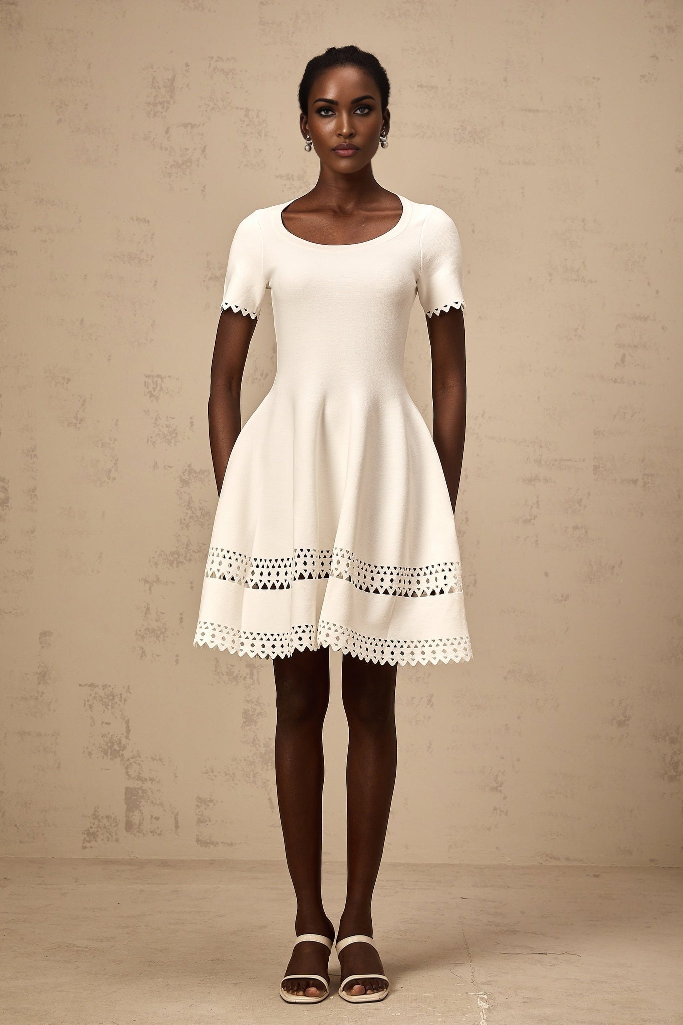 Shiloh Mini Dress White Knit Cut Out Scallop Hem