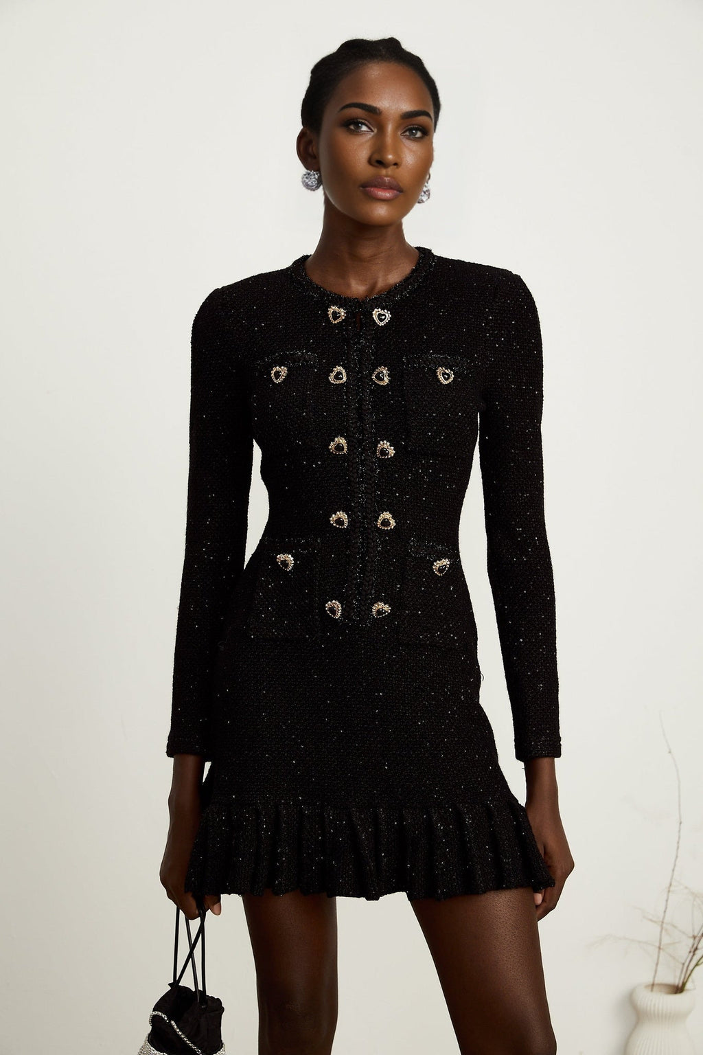 Shiloh Sequin Mini Dress Black Long Sleeve Knee Length