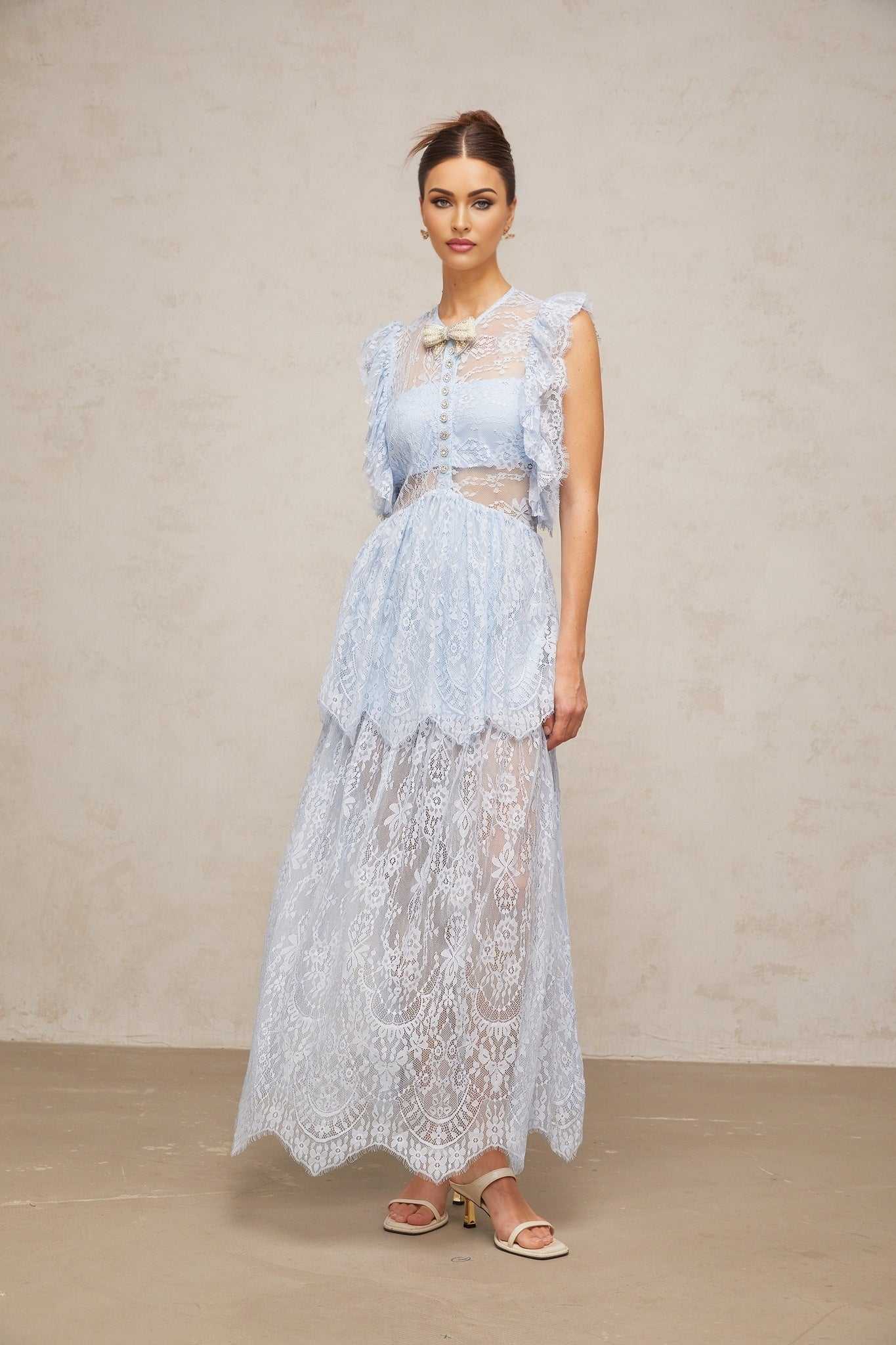 Sienna Blue Lace Maxi Dress with Layered Skirt & Crystal Embellishment