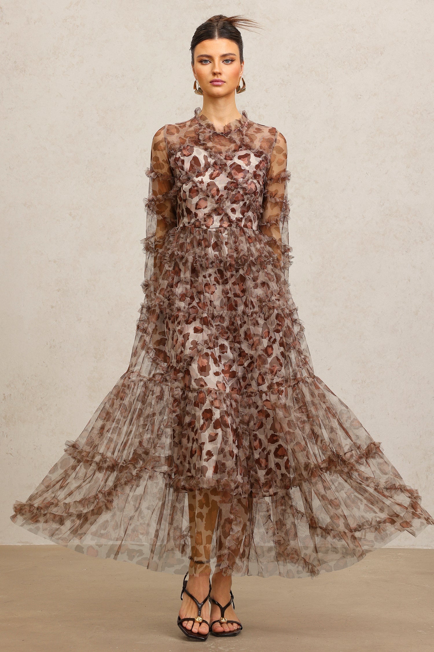 Sienna Brown Leopard Print Long Sleeve Tiered Dress