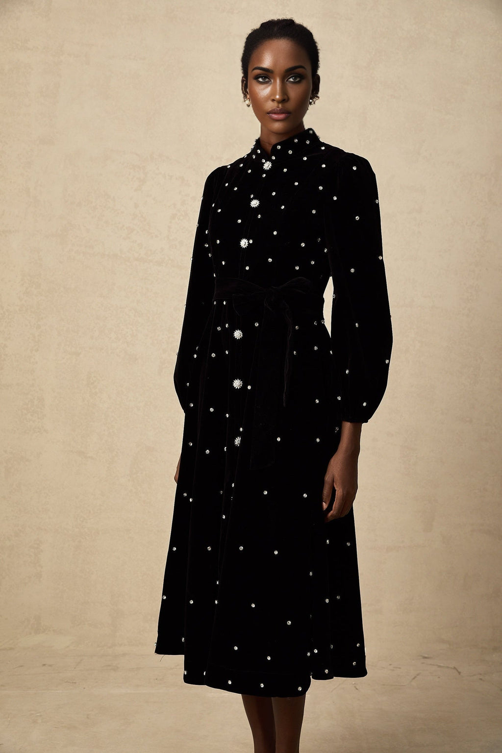 Sienna Midi Dress Black Velvet Crystal Bow Embellished Flare