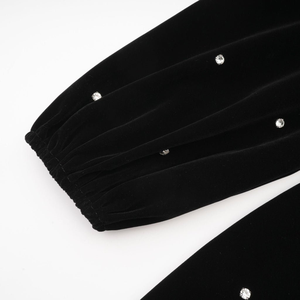 Sienna Midi Dress Black Velvet Crystal Bow Embellished Flare