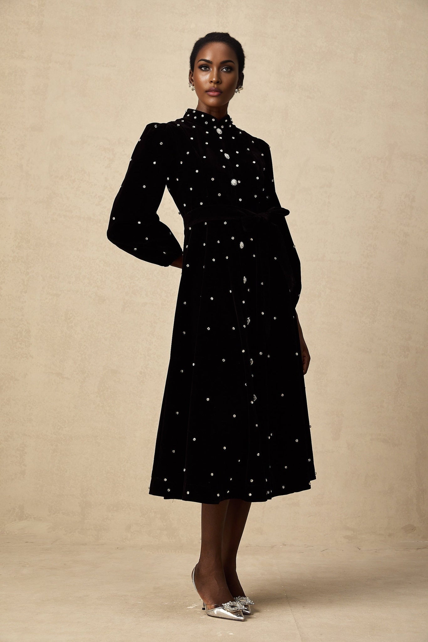 Sienna Midi Dress Black Velvet Crystal Bow Embellished Flare