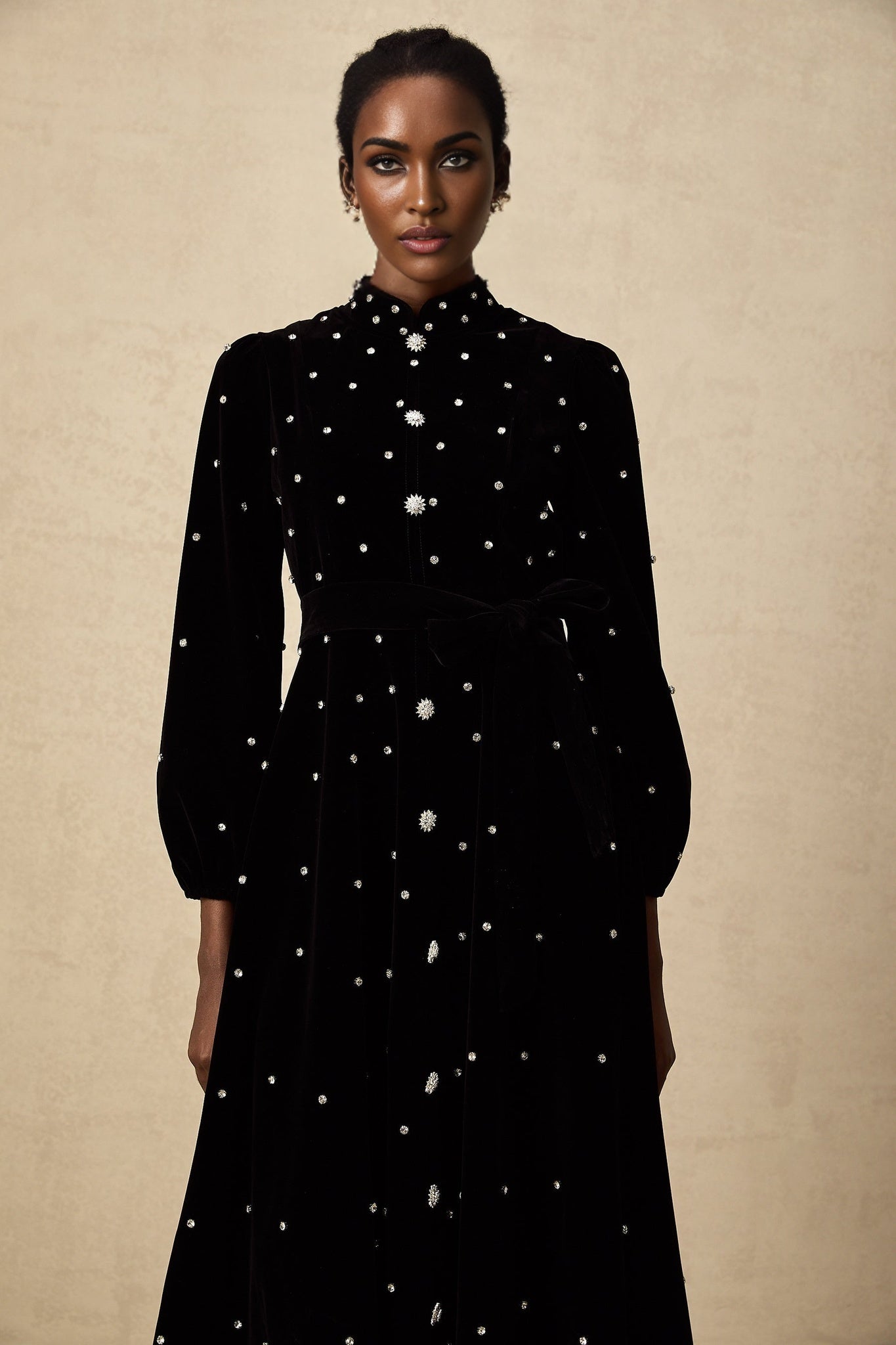 Sienna Midi Dress Black Velvet Crystal Bow Embellished Flare