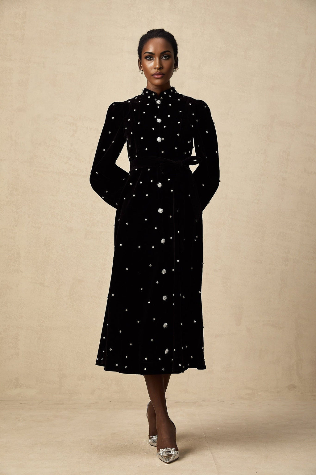 Sienna Midi Dress Black Velvet Crystal Bow Embellished Flare