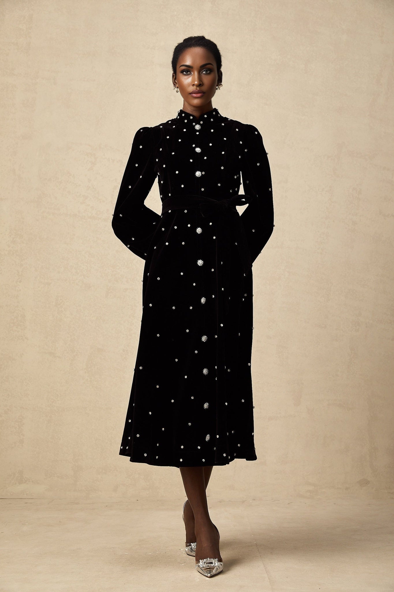 Sienna Midi Dress Black Velvet Crystal Bow Embellished Flare