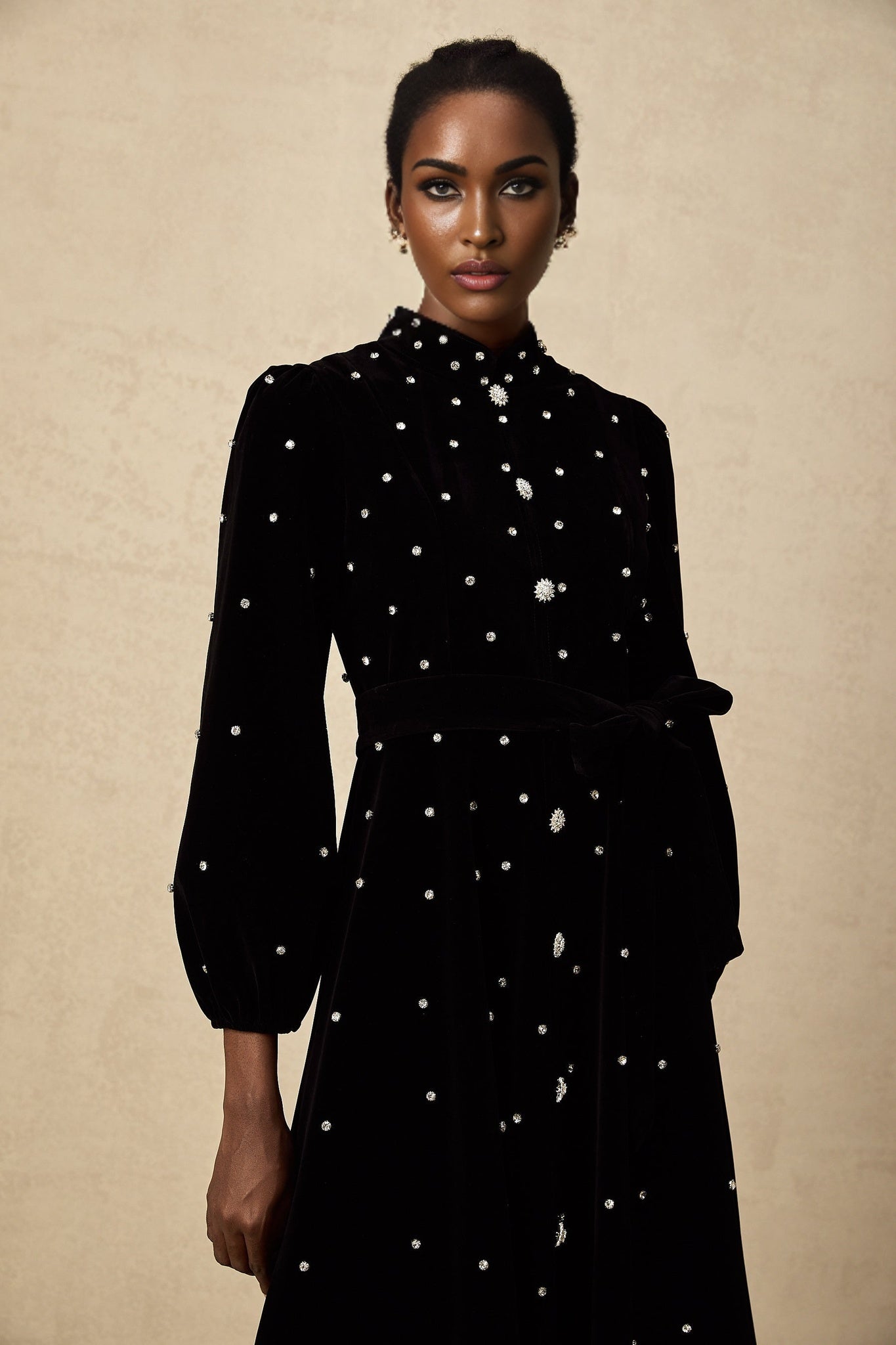 Sienna Midi Dress Black Velvet Crystal Bow Embellished Flare