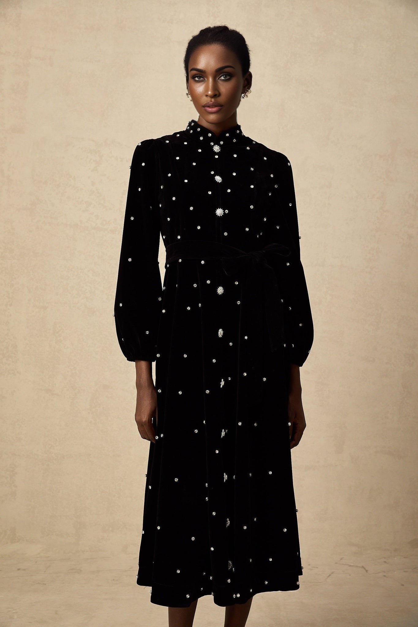 Sienna Midi Dress Black Velvet Crystal Bow Embellished Flare