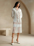 Sienna Midi Dress - Neckline Collar - Drop Shoulder Sleeves - Button Front - Floral & Plain Patterns - Casual Style