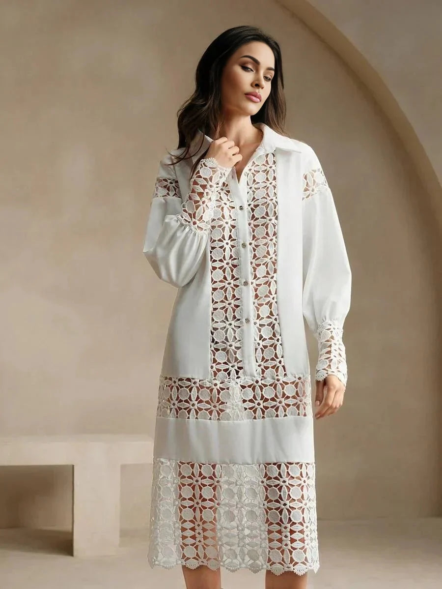 Sienna Midi Dress - Neckline Collar - Drop Shoulder Sleeves - Button Front - Floral & Plain Patterns - Casual Style