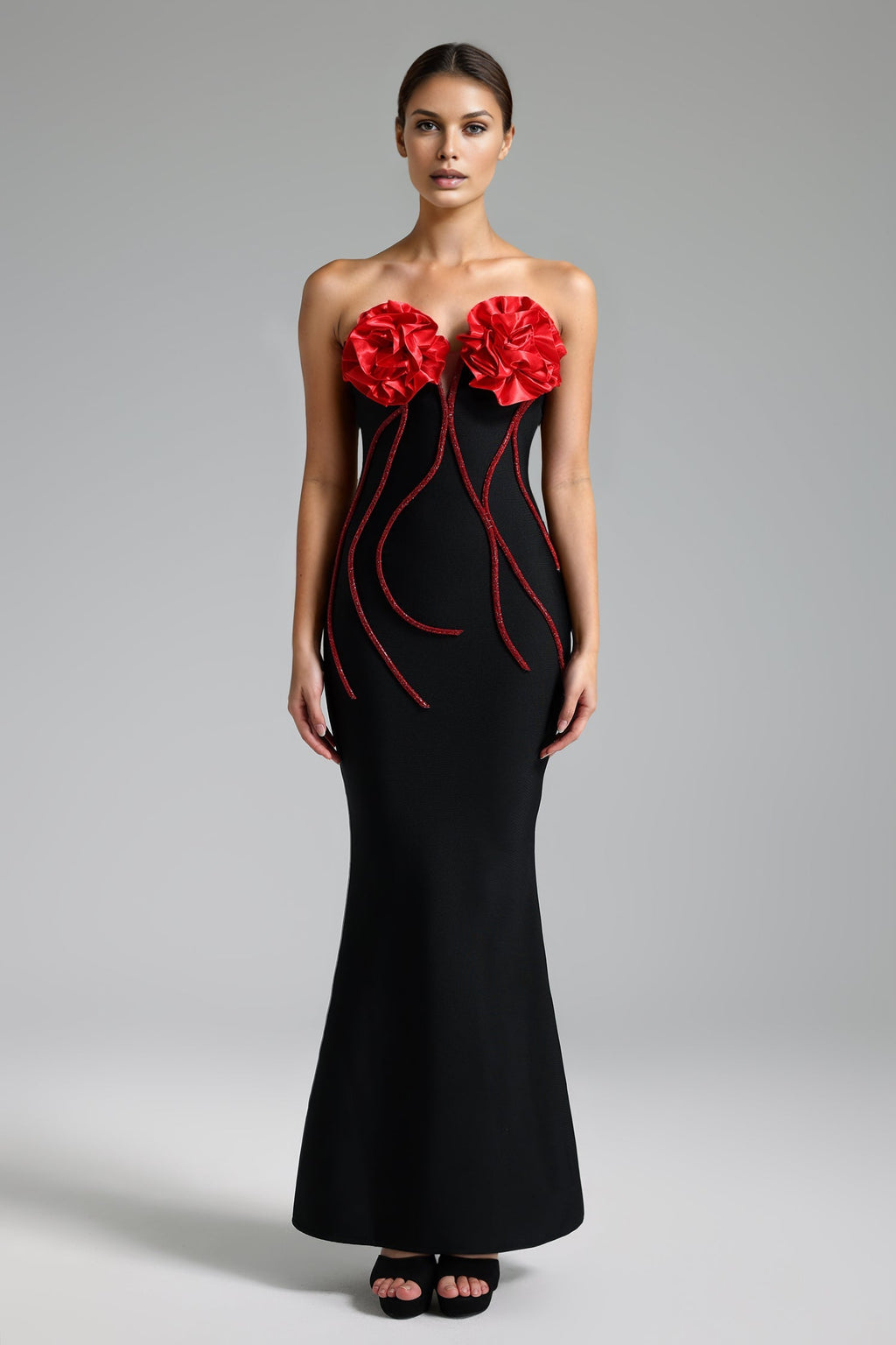 Silvana Black Formal Dress with Red Flowers