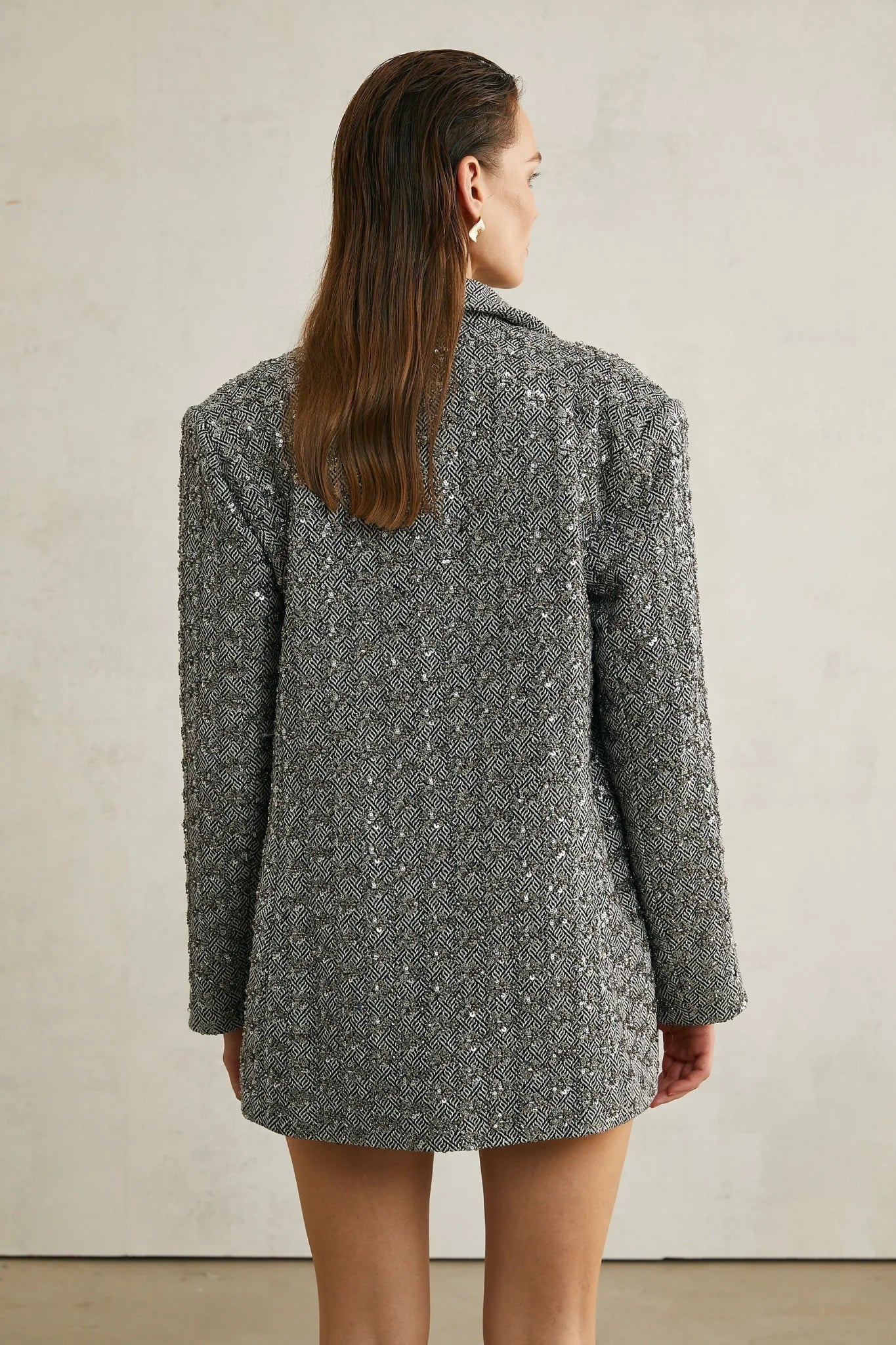 Silvana Blazer in Elegant Herringbone Wool & Crystal Embellishment