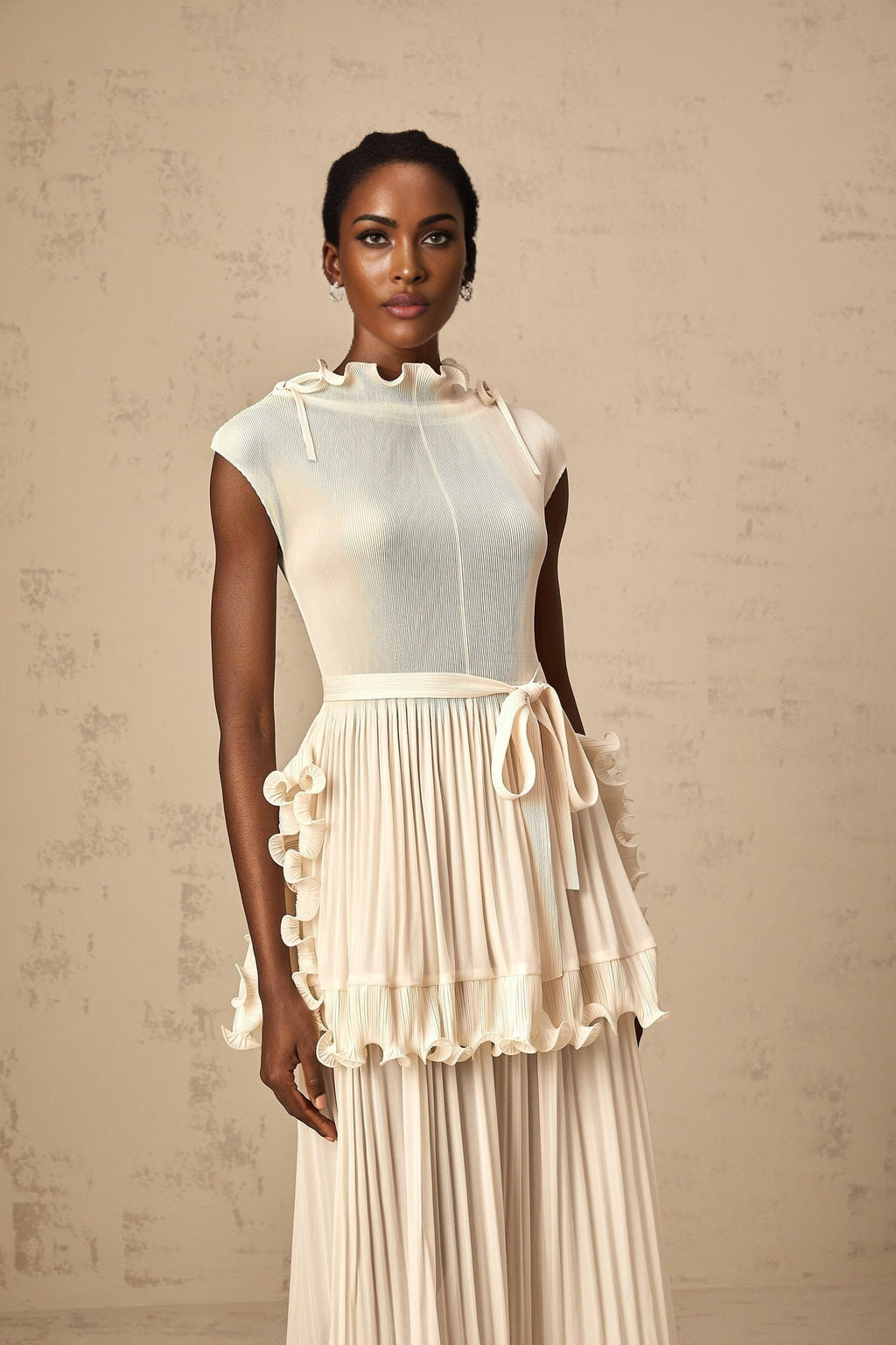 Silvana Maxi Dress - Sleeveless White with Ruffles, Pleats & Mock Neck