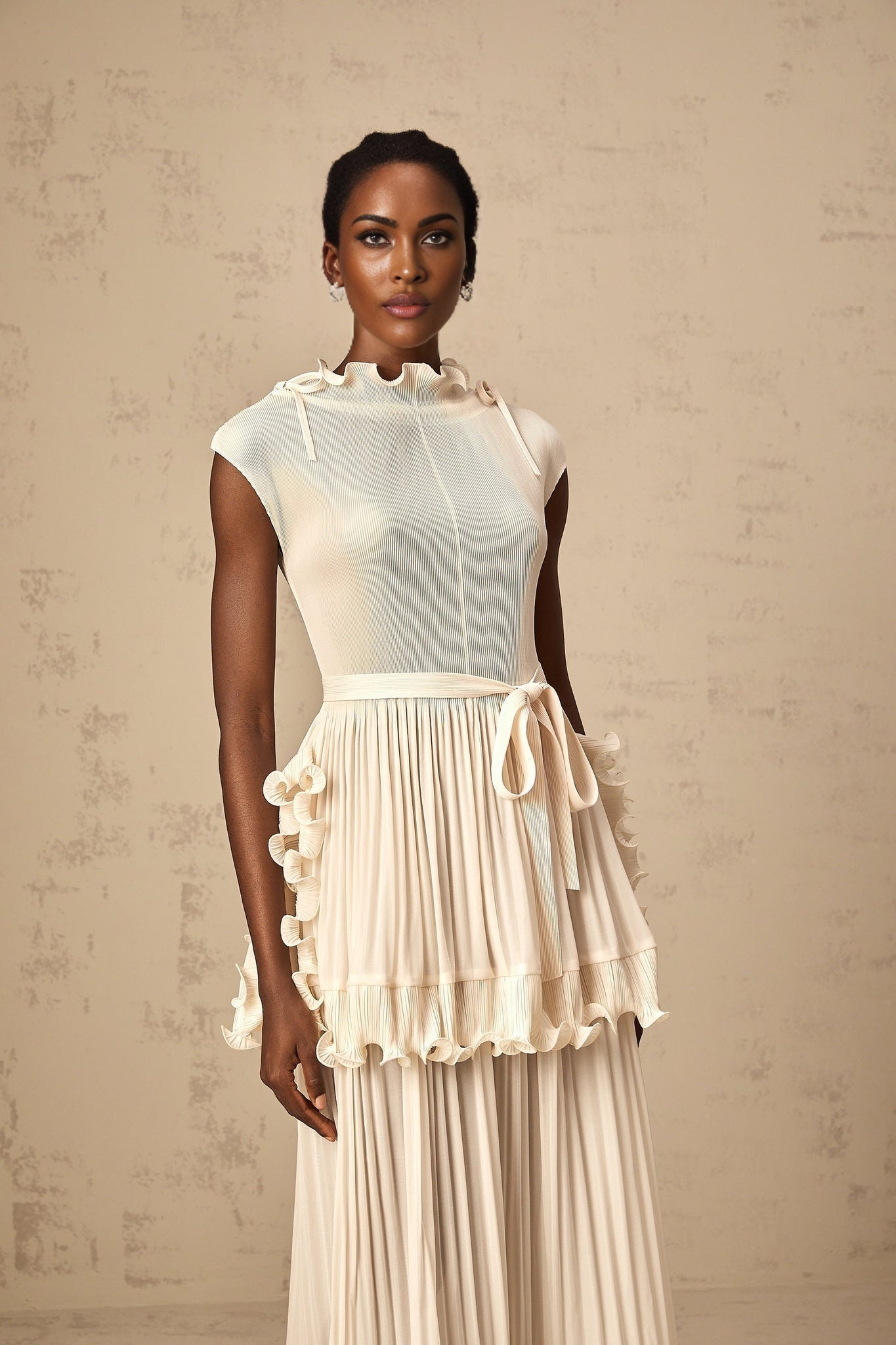 Silvana Maxi Dress - Sleeveless White with Ruffles, Pleats & Mock Neck