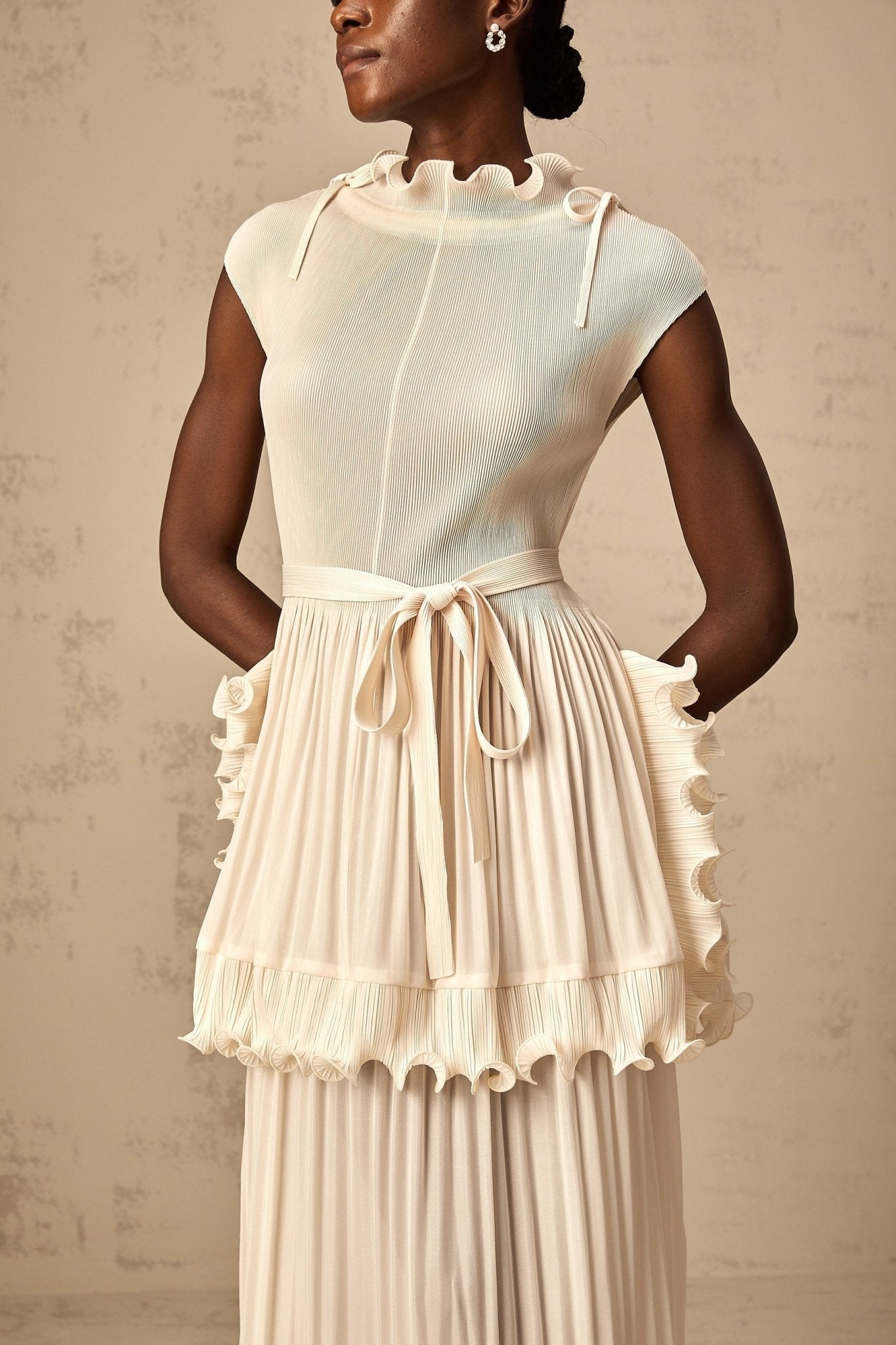 Silvana Maxi Dress - Sleeveless White with Ruffles, Pleats & Mock Neck