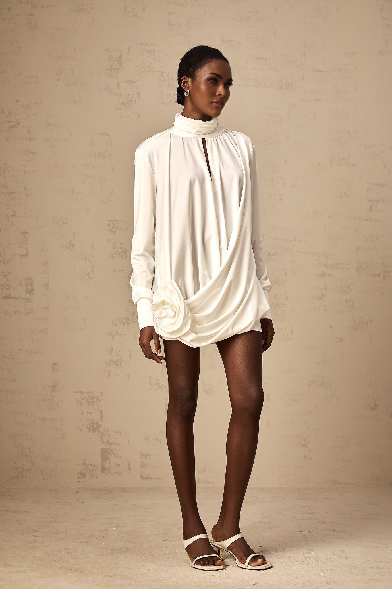 Silvana Mini Dress White Faux Flower Ruched Cut Out