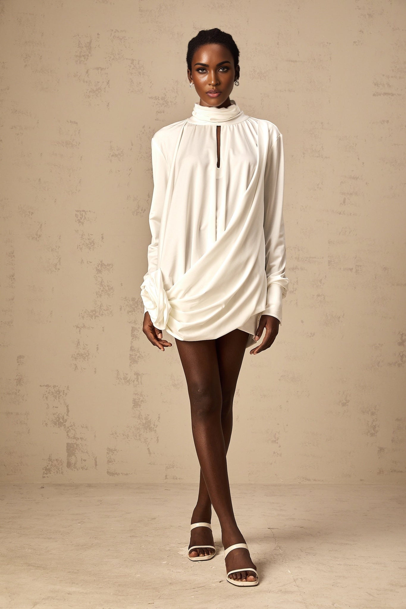 Silvana Mini Dress White Faux Flower Ruched Cut Out