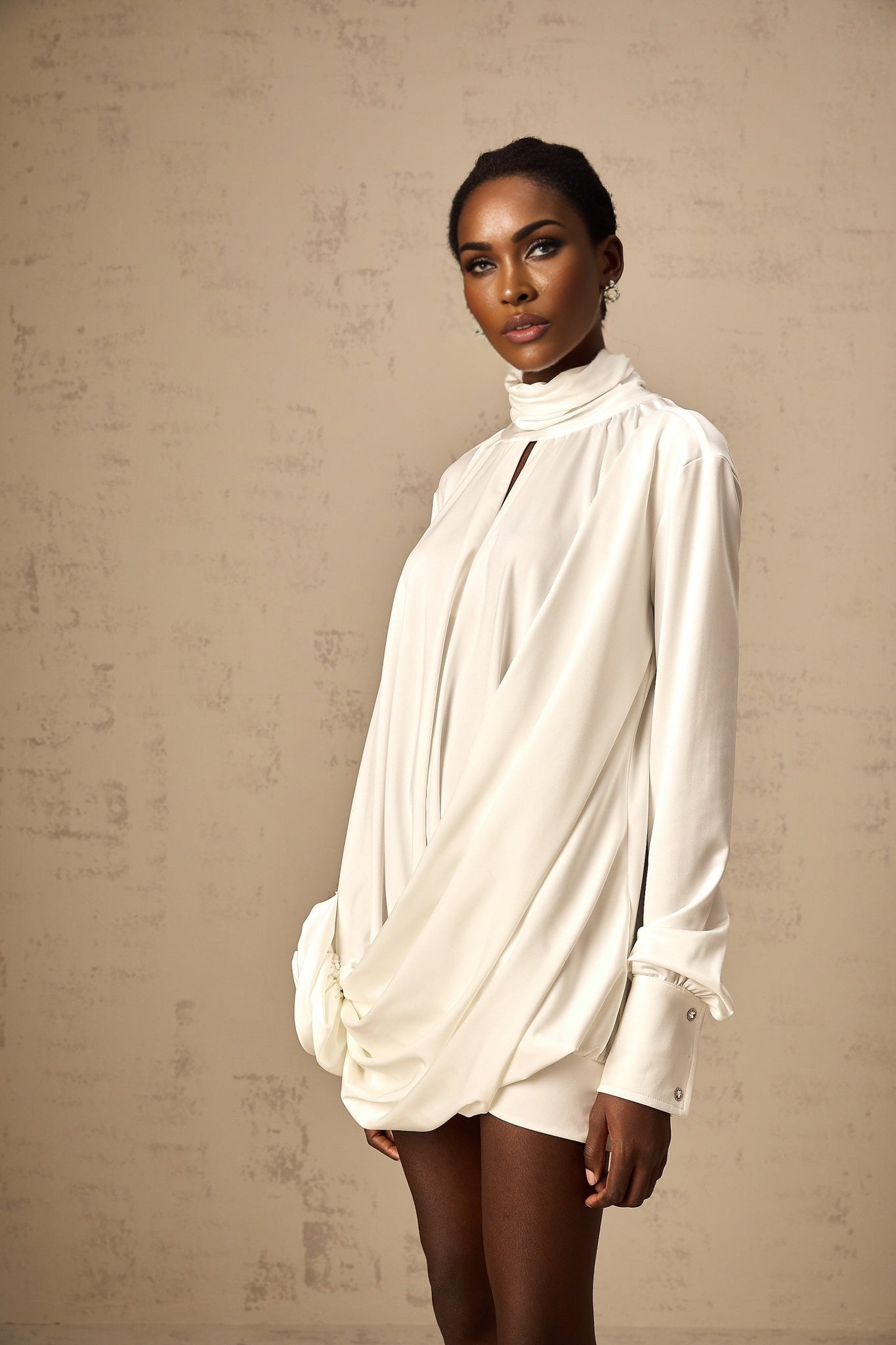 Silvana Mini Dress White Faux Flower Ruched Cut Out