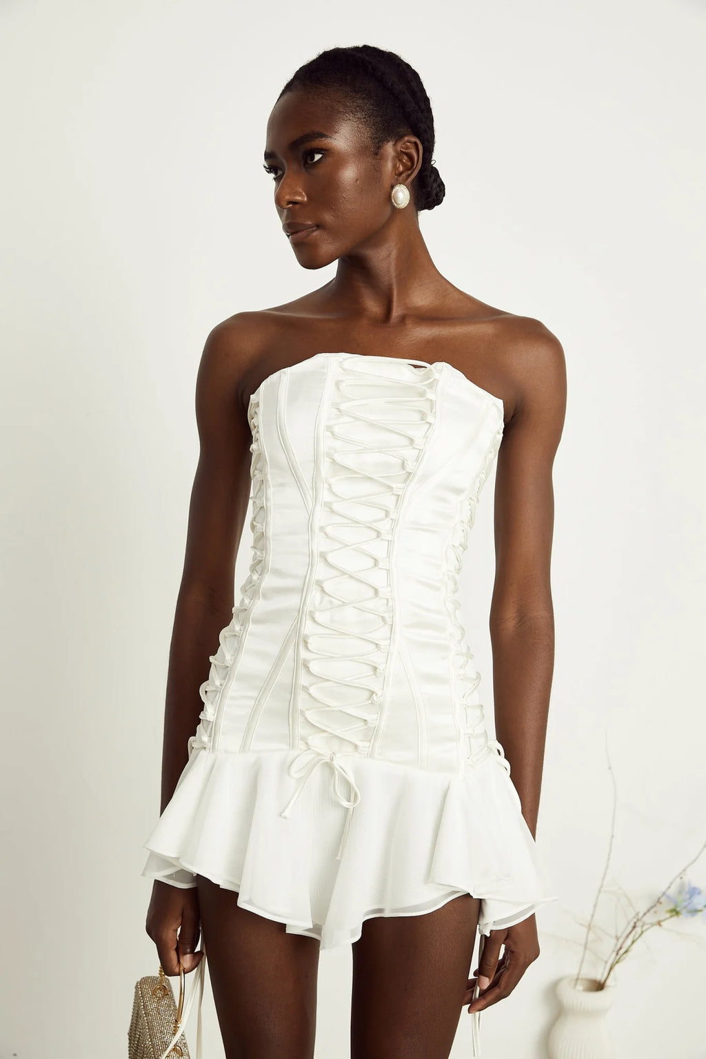 Silvana Mini Dress White Tulle Lace Up Corset Flounce Hem