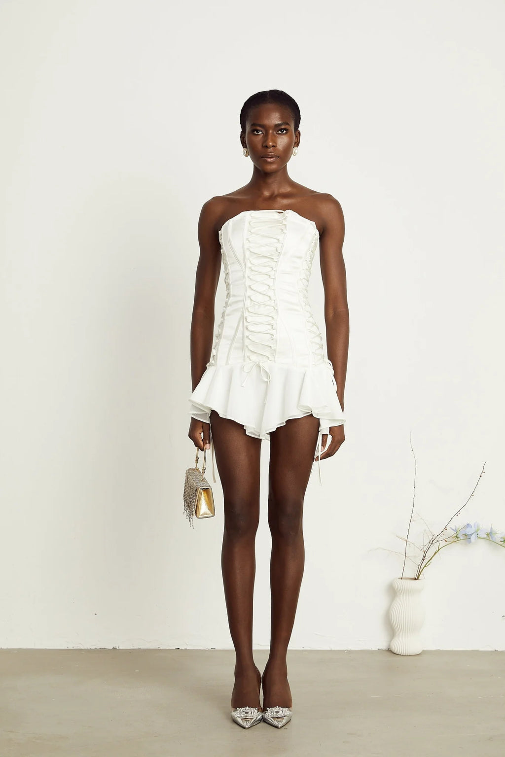 Silvana Mini Dress White Tulle Lace Up Corset Flounce Hem