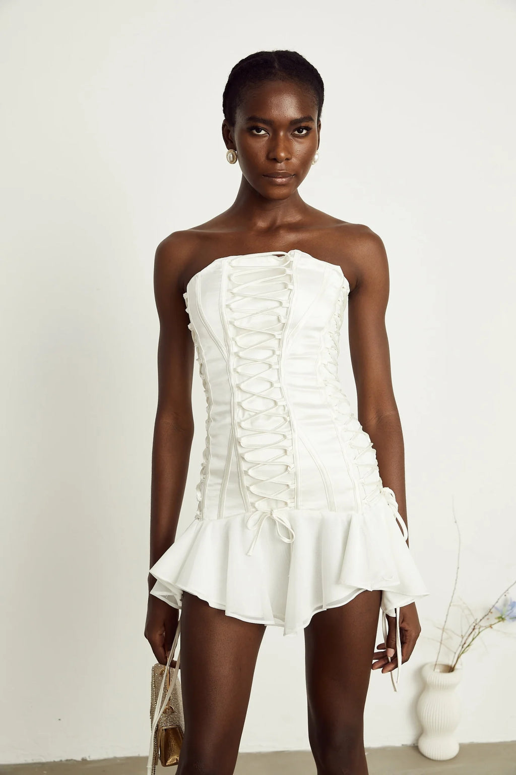Silvana Mini Dress White Tulle Lace Up Corset Flounce Hem