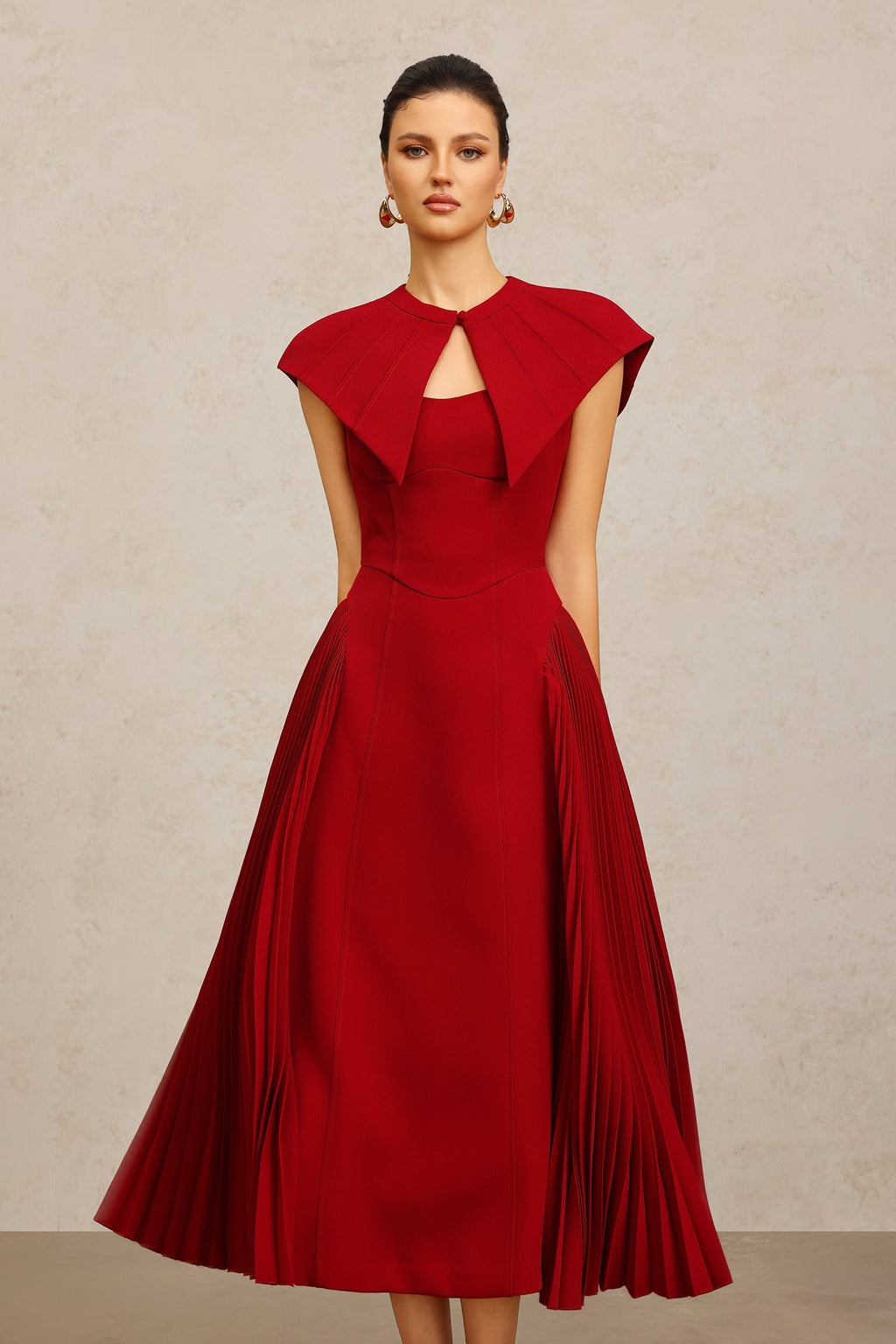 Silvana Red Halter Neck Pleated Dress for Special Occasions