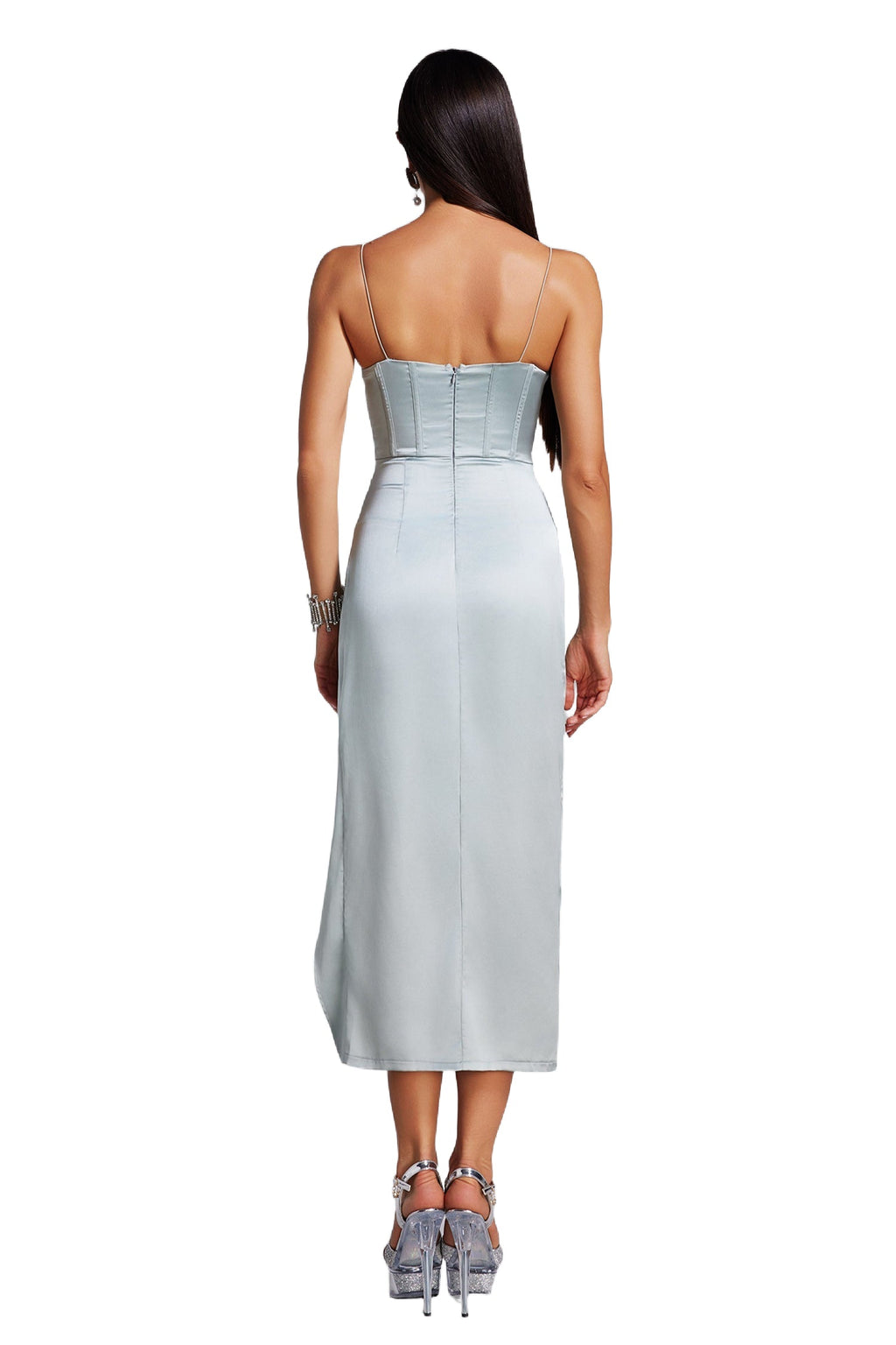Silver Poppy Strapless Satin Dress with High Slit and Exquisite Detailing