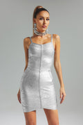 Silver Rosario Mini Bandage Dress with Zipper Detailing and Spaghetti Straps