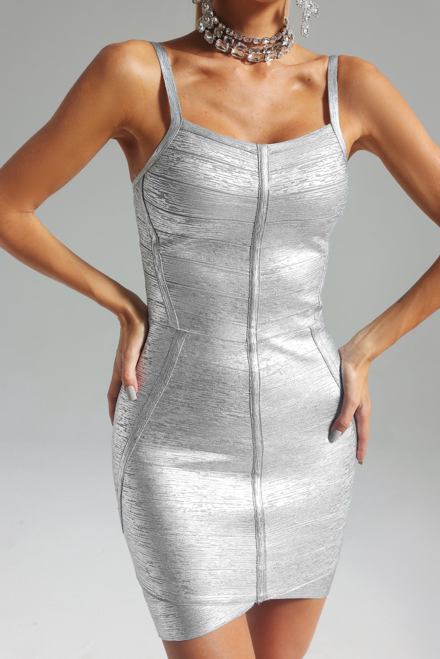 Silver Rosario Mini Bandage Dress with Zipper Detailing and Spaghetti Straps