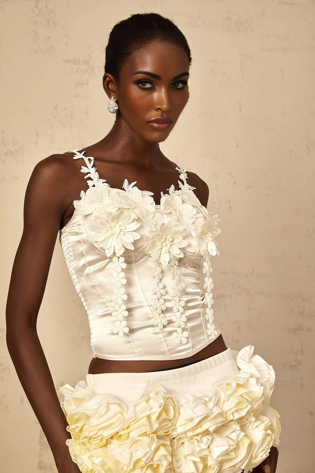 Silvestra Cropped Top Floral Embroidered Sweetheart Corset & Spaghetti Straps