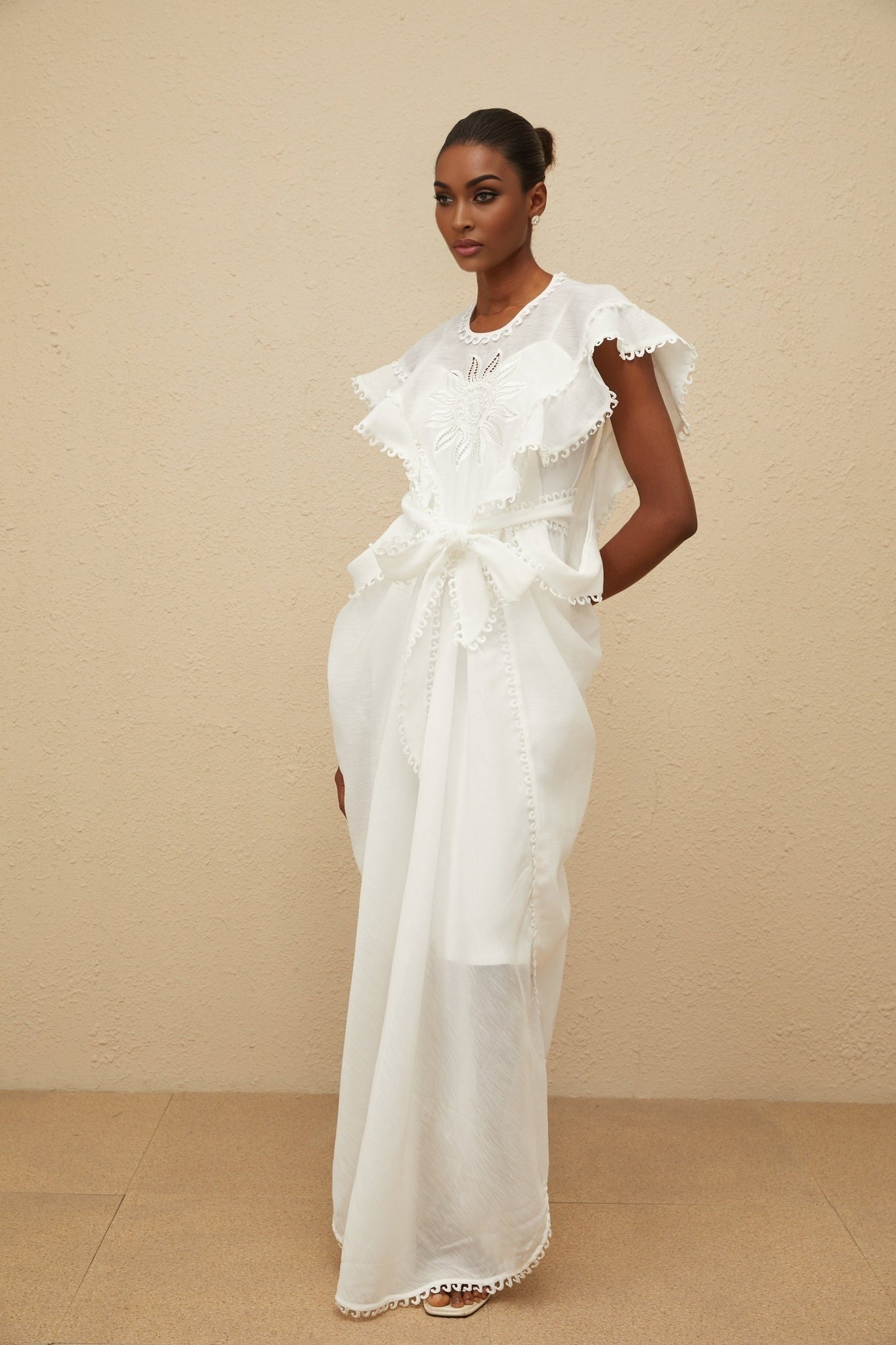 Silvestra Maxi Dress - White Floral Embroidery Cut - Out Detailing scalloped trim shirred effect shee construction rear zip fastening