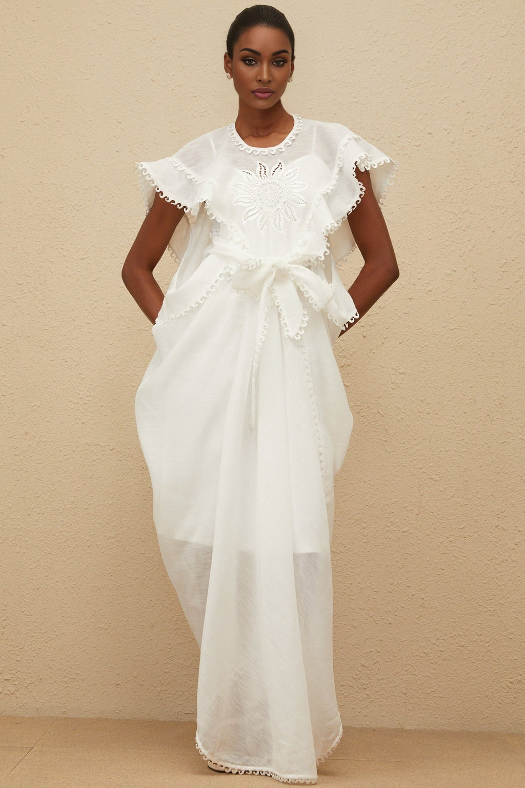 Silvestra Maxi Dress - White Floral Embroidery Cut - Out Detailing scalloped trim shirred effect shee construction rear zip fastening