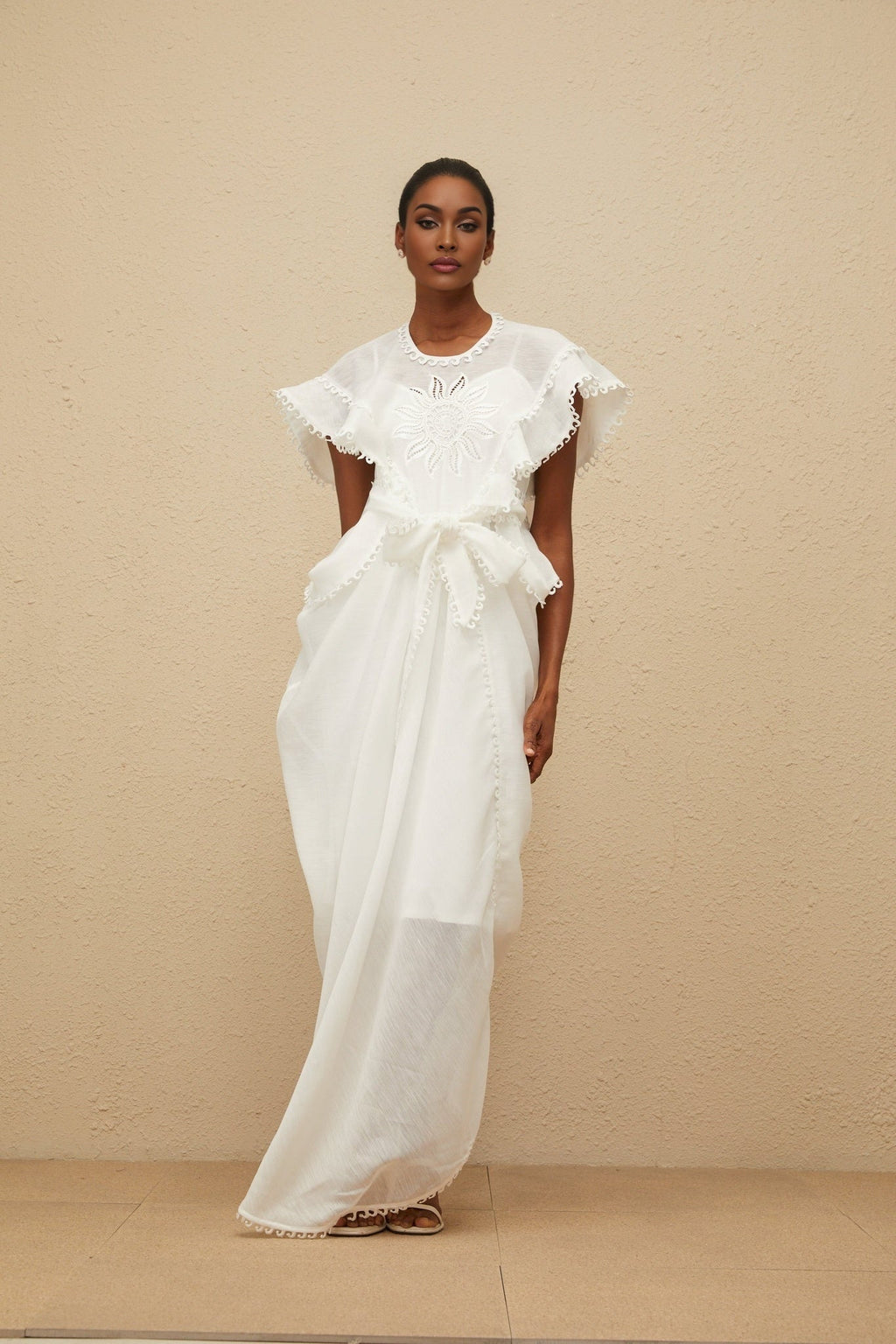 Silvestra Maxi Dress - White Floral Embroidery Cut - Out Detailing scalloped trim shirred effect shee construction rear zip fastening
