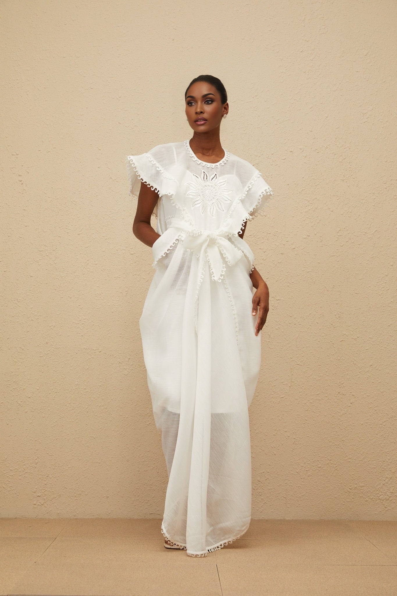 Silvestra Maxi Dress - White Floral Embroidery Cut - Out Detailing scalloped trim shirred effect shee construction rear zip fastening