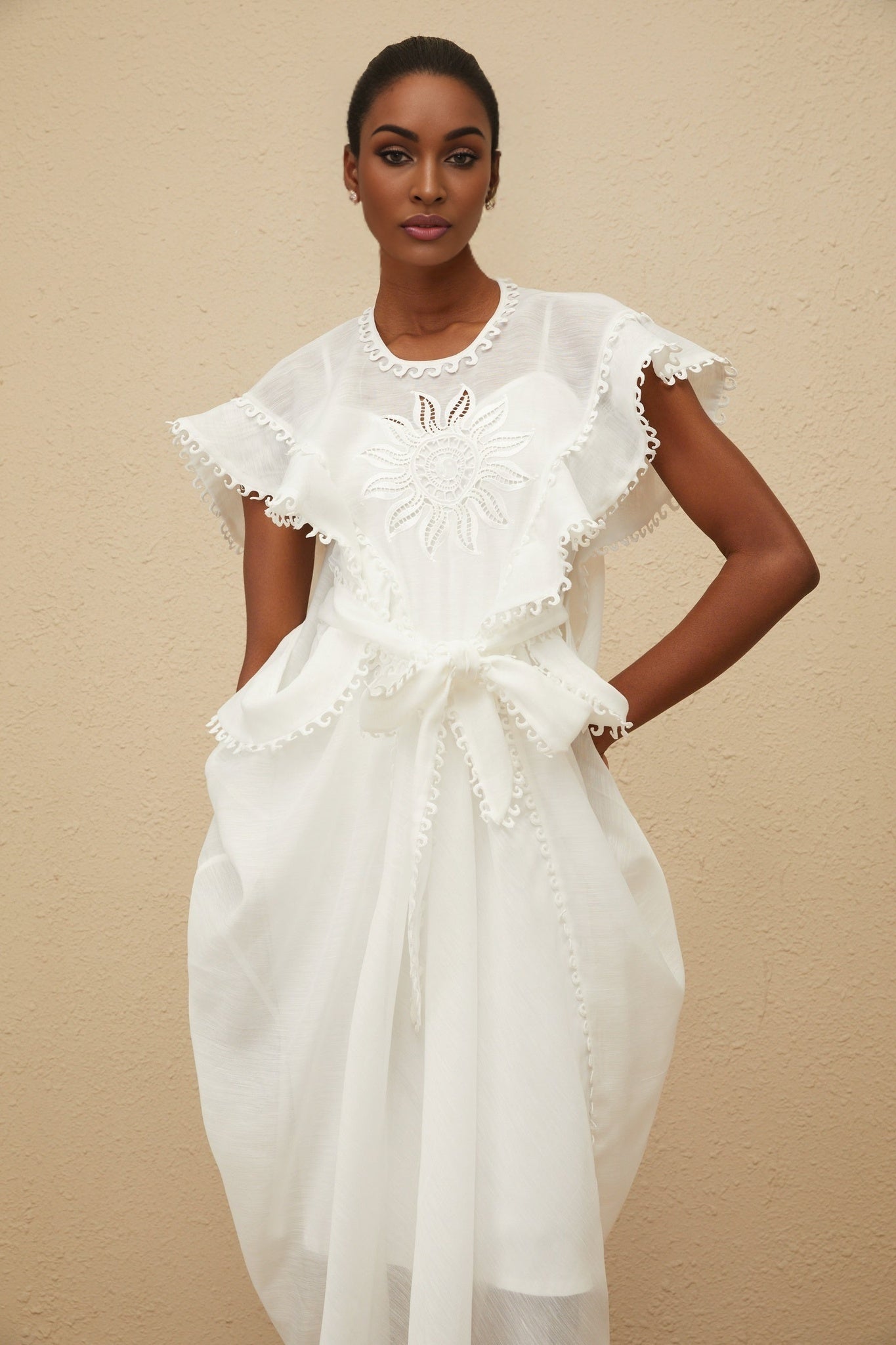 Silvestra Maxi Dress - White Floral Embroidery Cut - Out Detailing scalloped trim shirred effect shee construction rear zip fastening