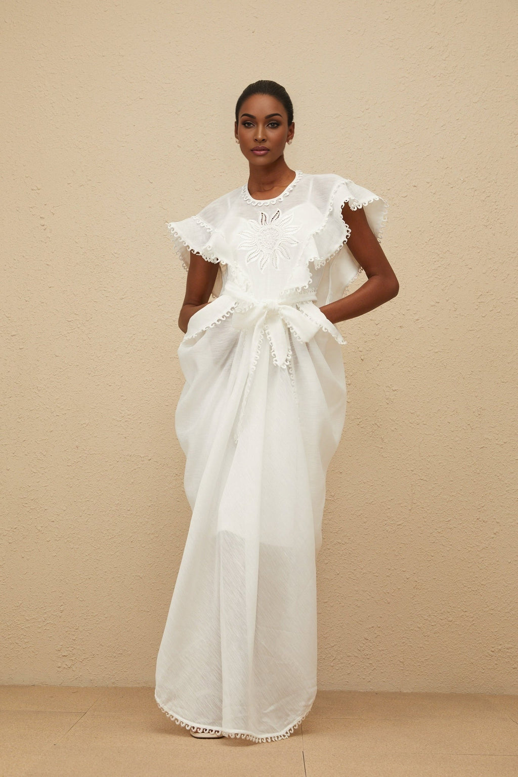 Silvestra Maxi Dress - White Floral Embroidery Cut - Out Detailing scalloped trim shirred effect shee construction rear zip fastening