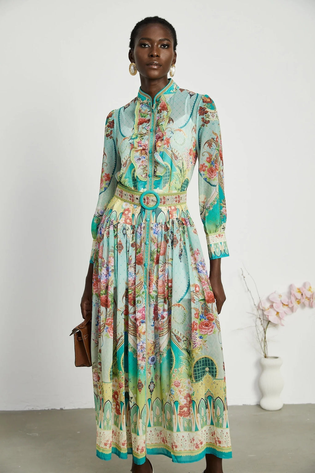 Silvia Floral Midi Dress Cinched Waist Long Sleeve with Flounce Hem & Pleats
