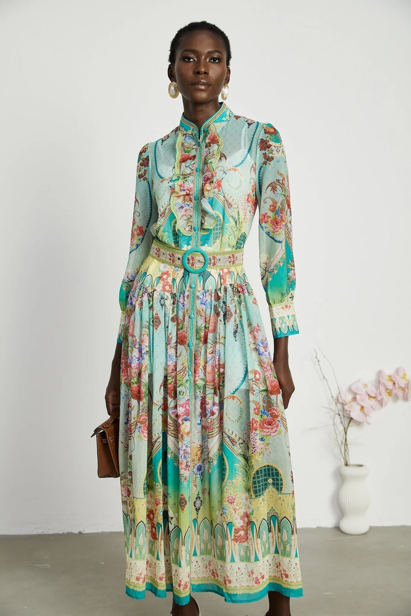 Silvia Floral Midi Dress Cinched Waist Long Sleeve with Flounce Hem & Pleats