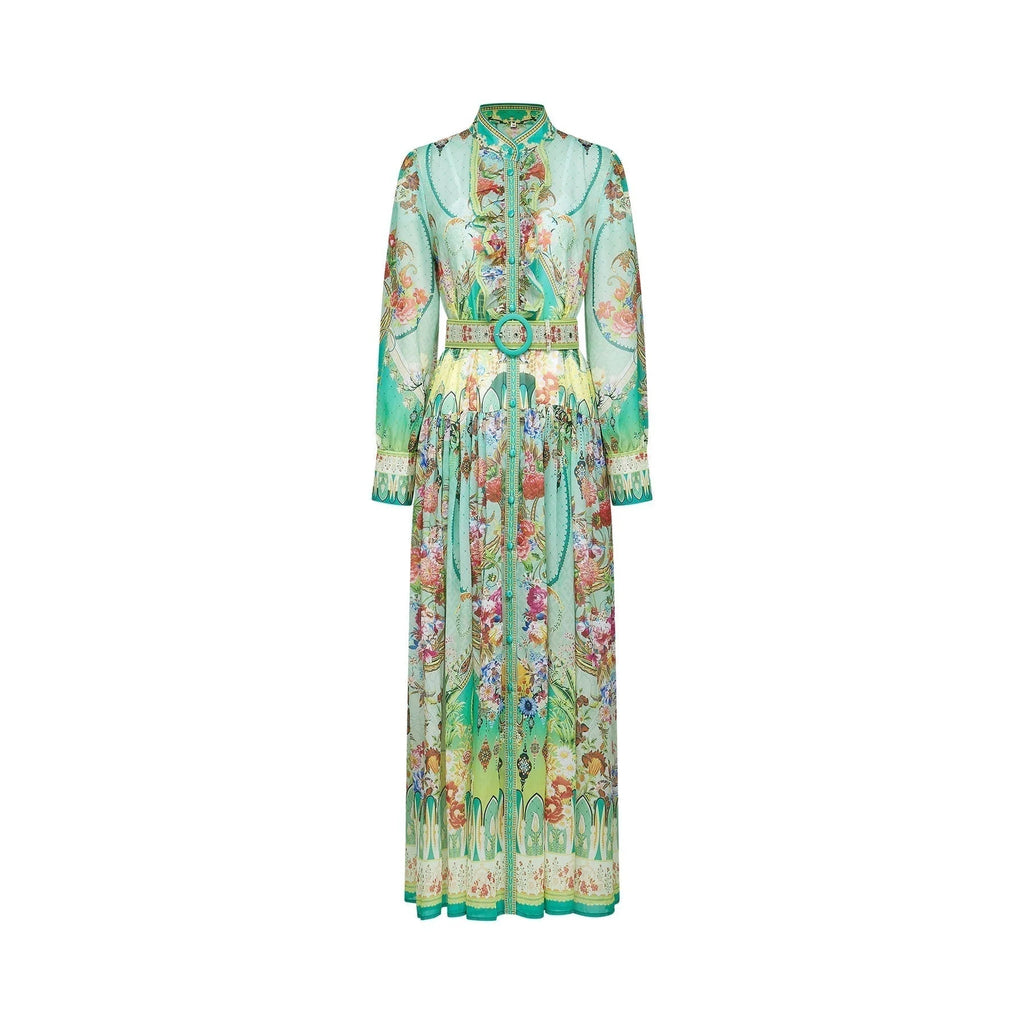 Silvia Floral Midi Dress Cinched Waist Long Sleeve with Flounce Hem & Pleats