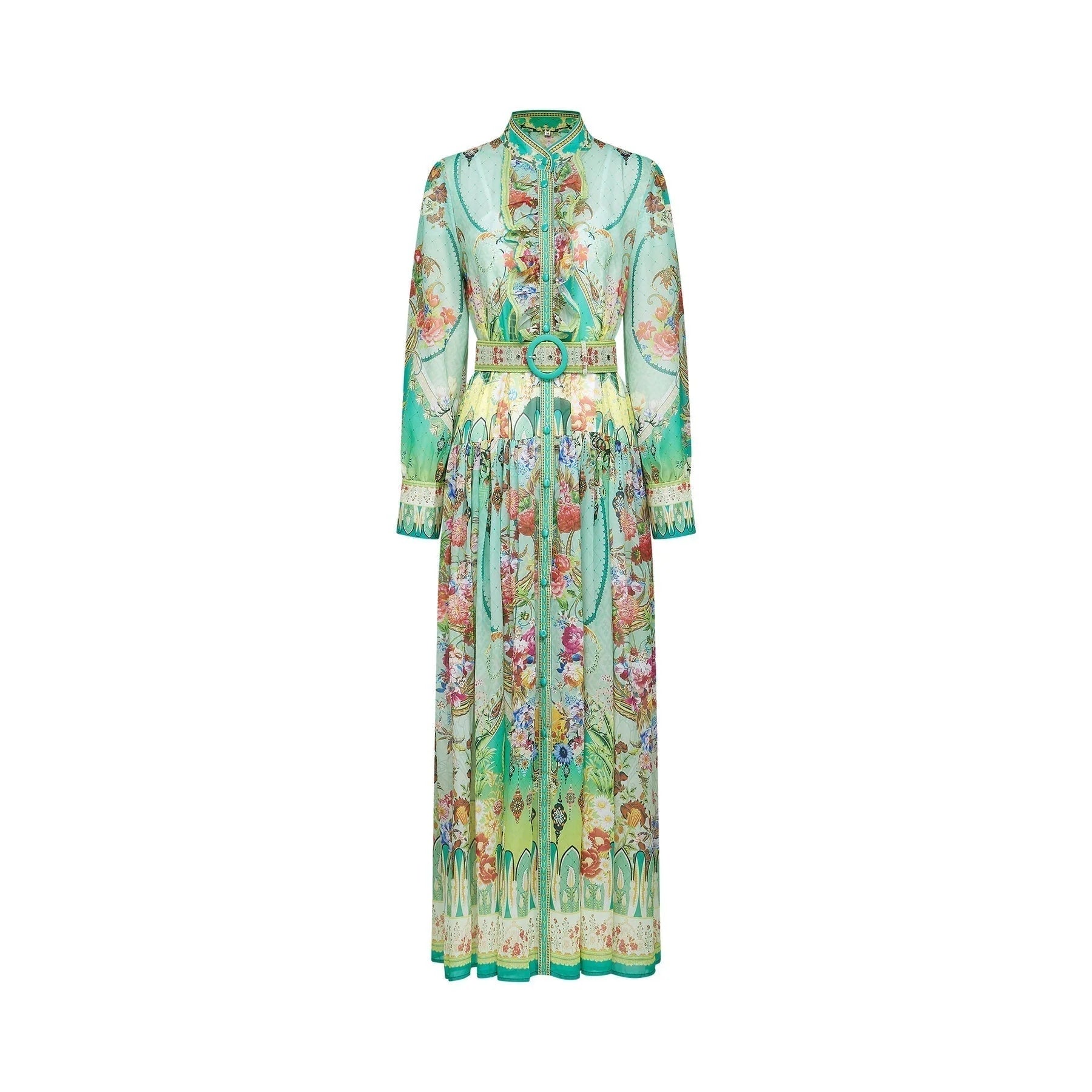 Silvia Floral Midi Dress Cinched Waist Long Sleeve with Flounce Hem & Pleats